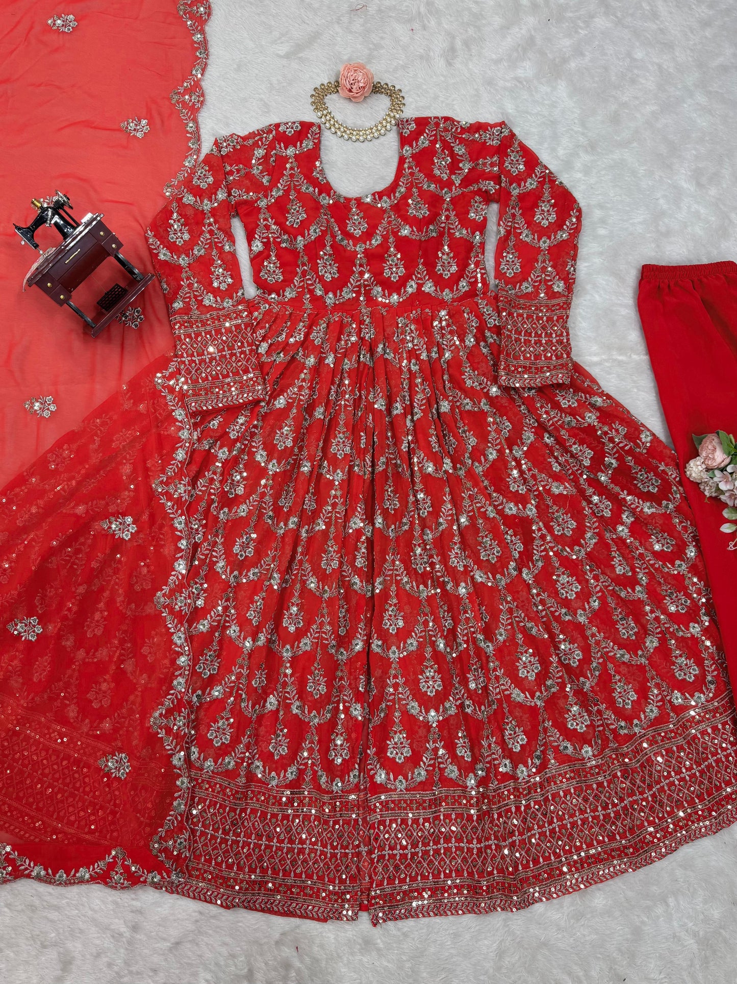 Red Faux Georgette With Thread Sequin Work 3pc Kurta Set