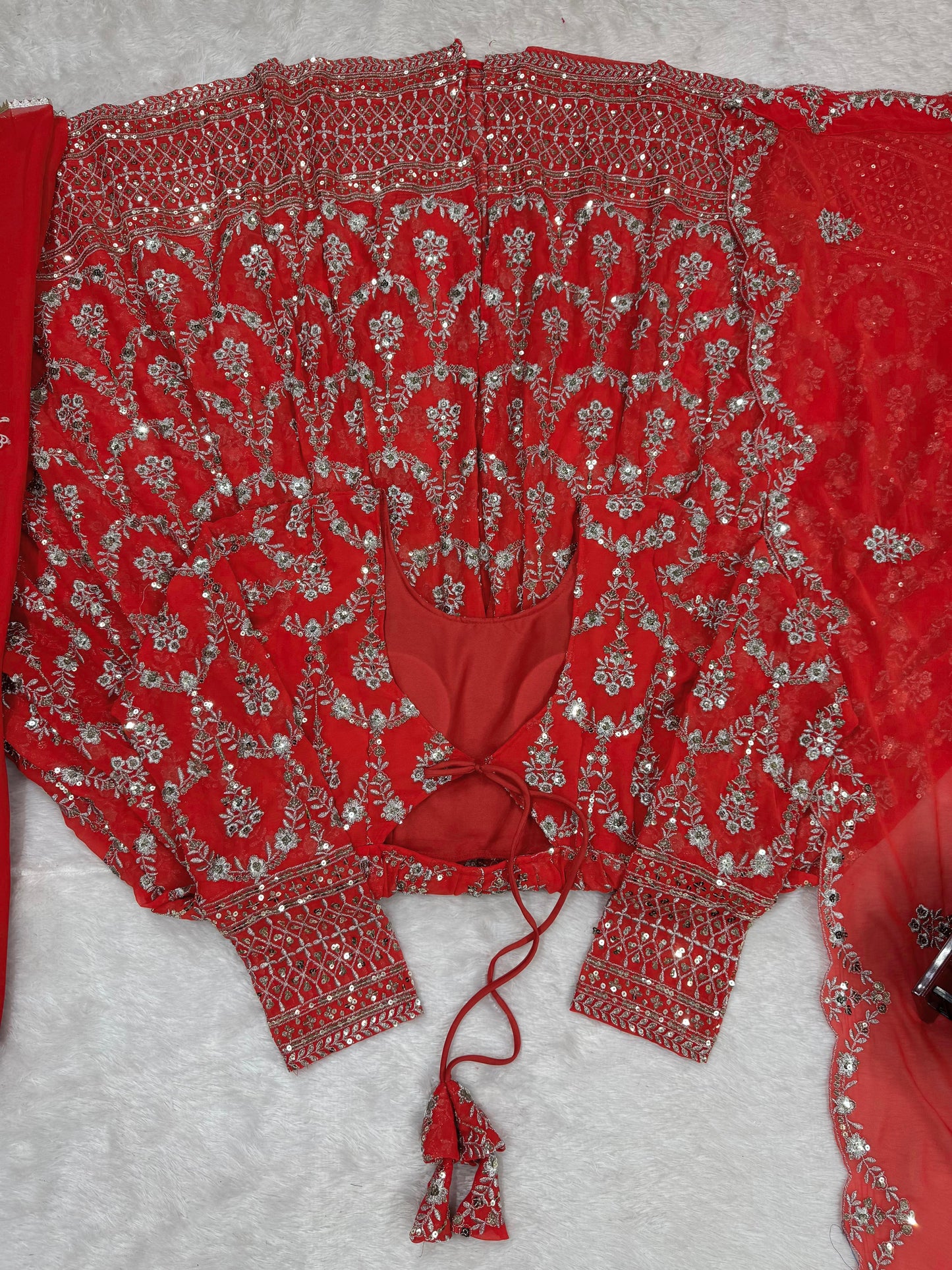Red Faux Georgette With Thread Sequin Work 3pc Kurta Set