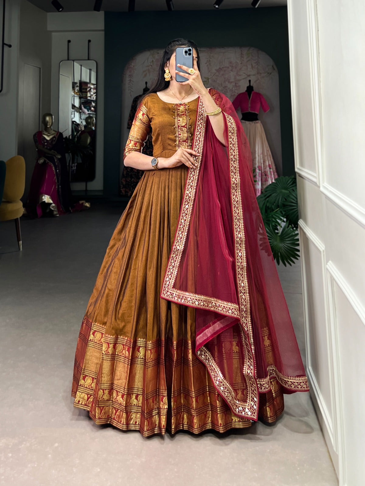 Mustard Zari Weaving Work Gown With Net Dupatta