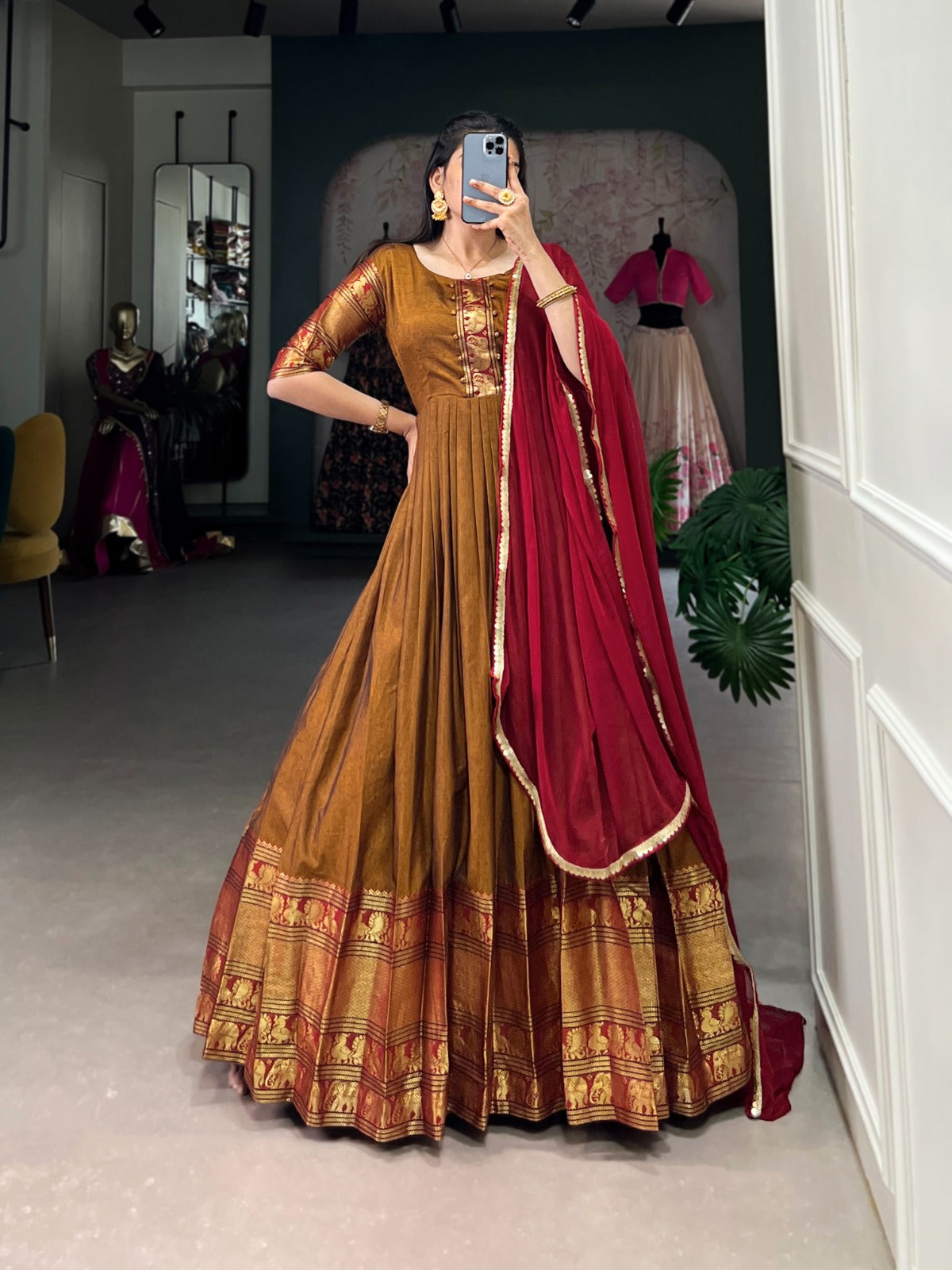 Mustard Zari Weaving Work Gown With Net Dupatta