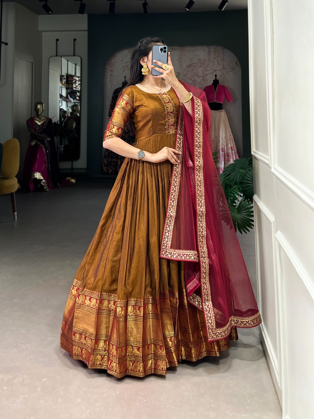 Mustard Zari Weaving Work Gown With Net Dupatta