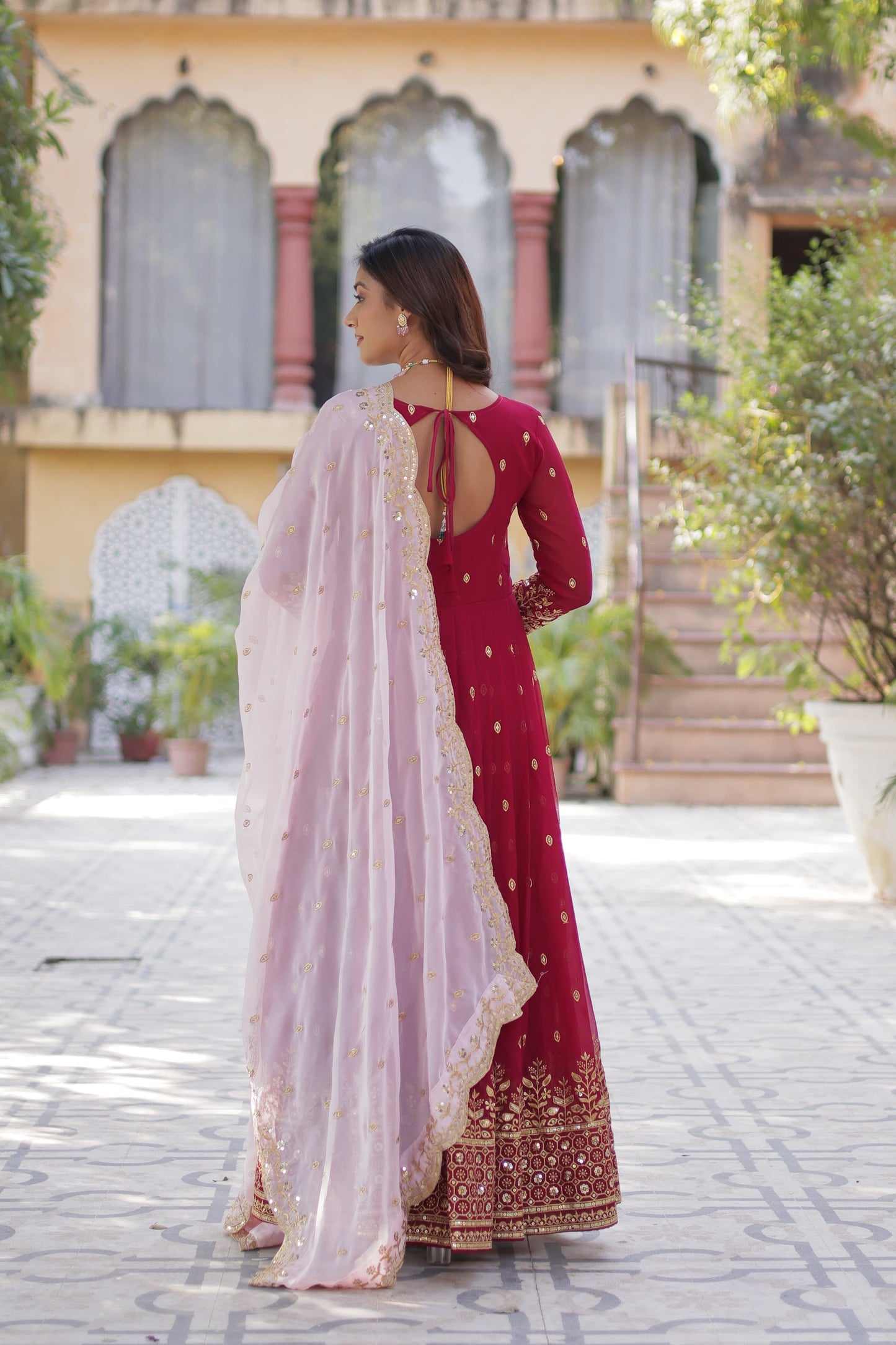 Cheery Red Faux Blooming With Embroidery Zari Sequins Work Gown With Dupatta