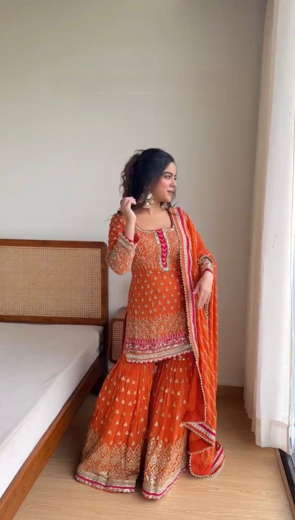 Orange Faux Georgette Thread with Sequins Sharara Suit