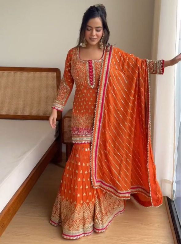 Orange Faux Georgette Thread with Sequins Sharara Suit
