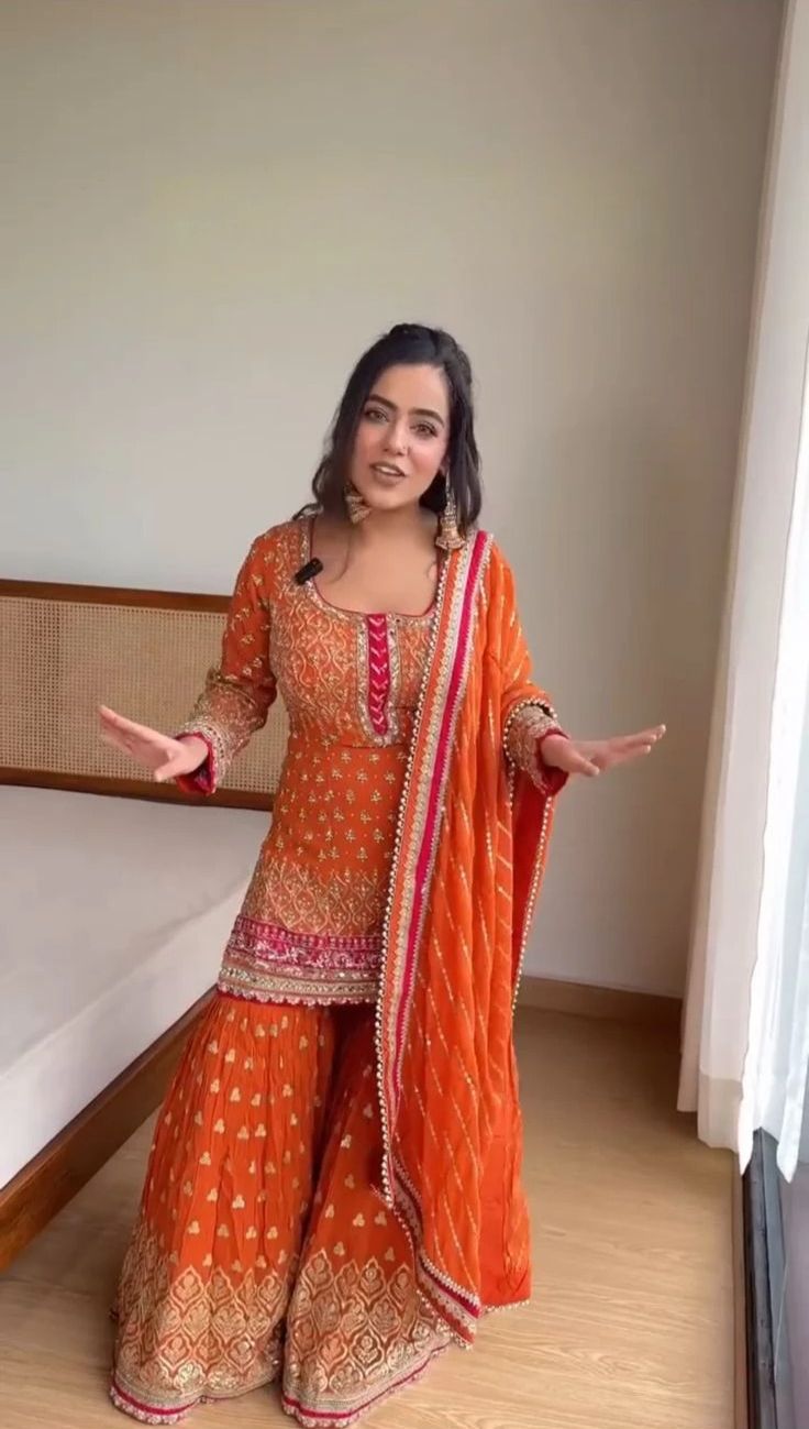 Orange Faux Georgette Thread with Sequins Sharara Suit