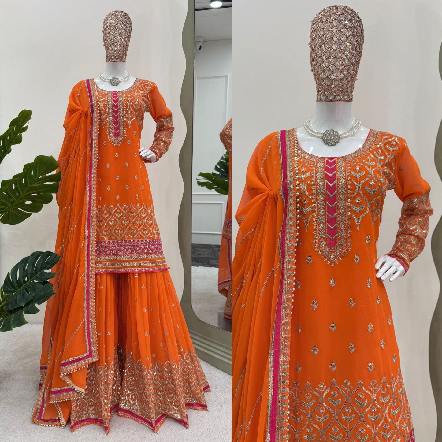 Orange Faux Georgette Thread with Sequins Sharara Suit