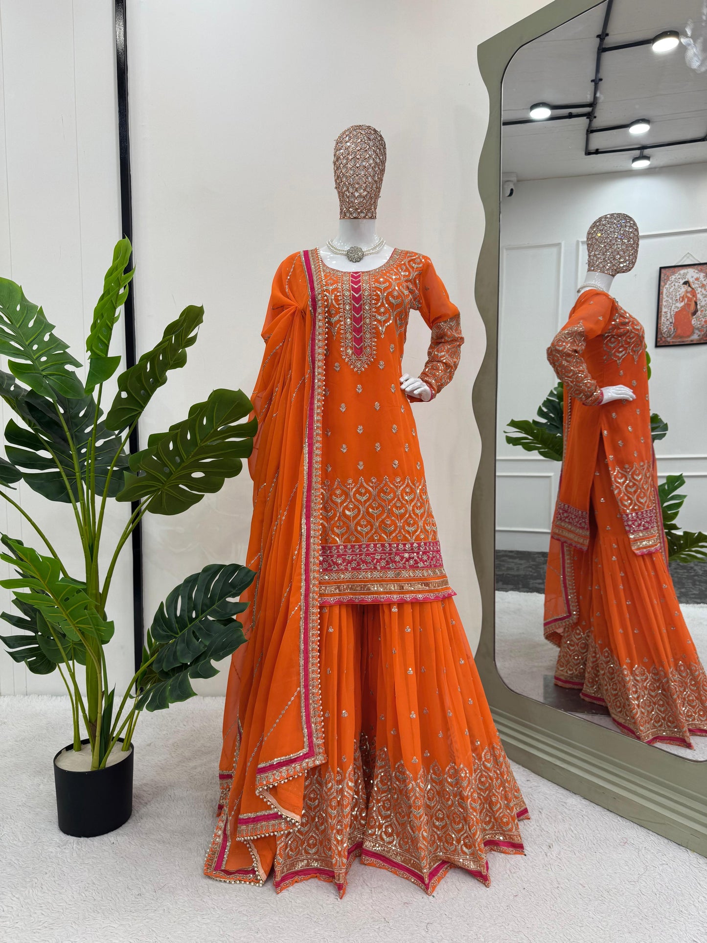 Orange Faux Georgette Thread with Sequins Sharara Suit