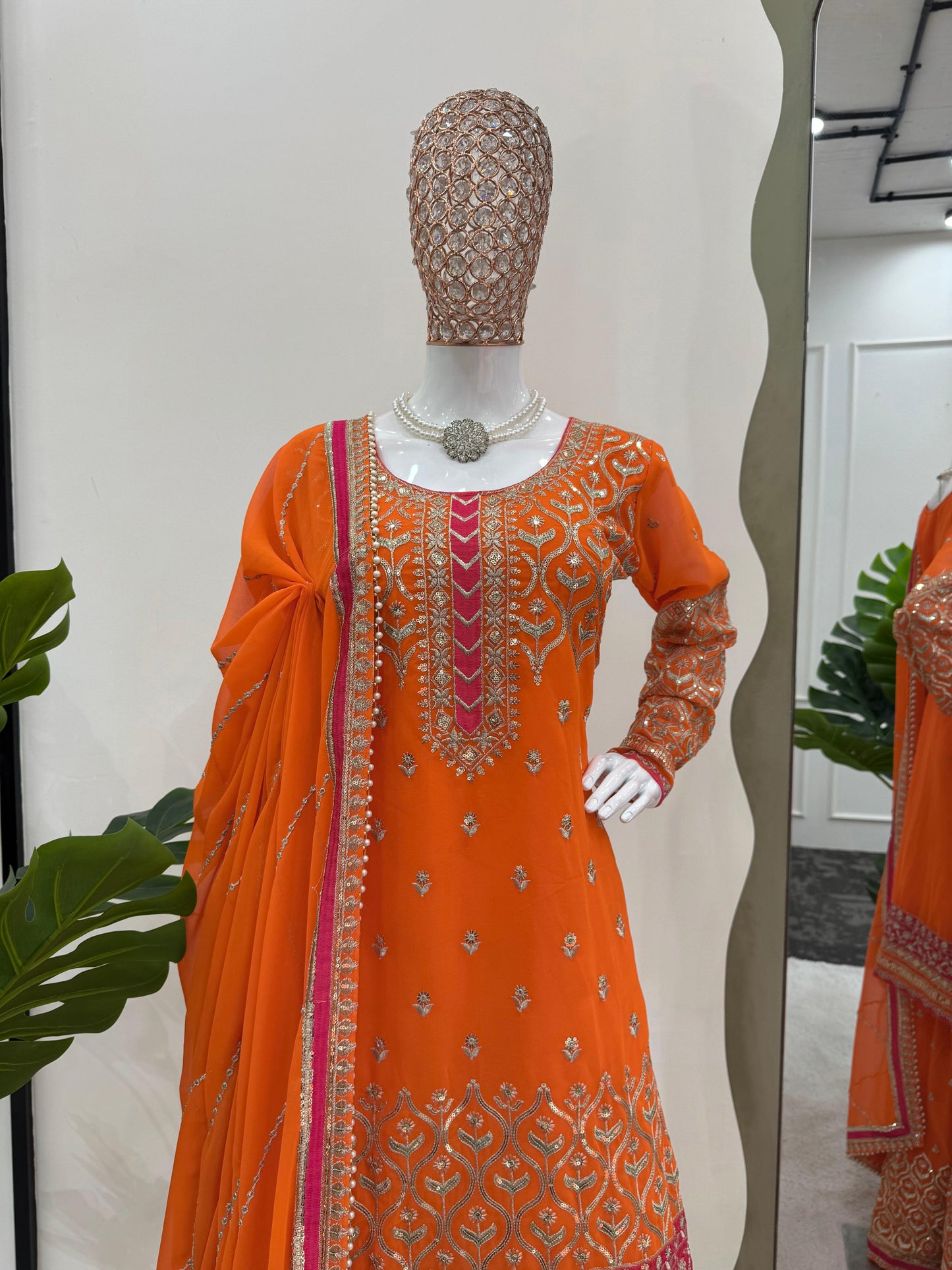 Orange Faux Georgette Thread with Sequins Sharara Suit