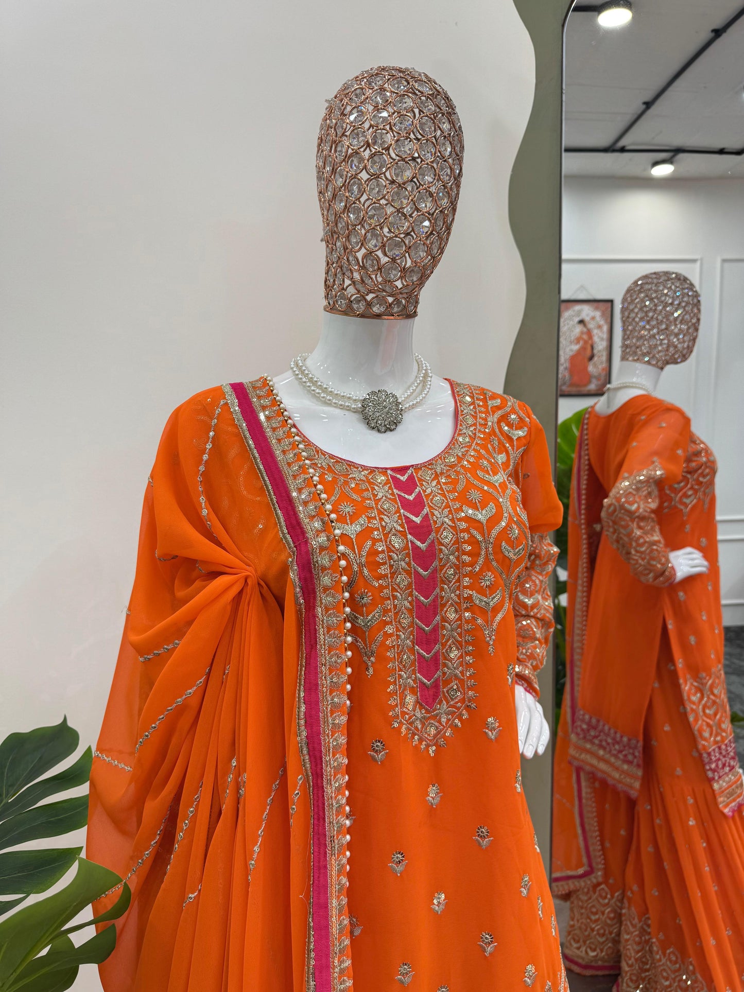 Orange Faux Georgette Thread with Sequins Sharara Suit