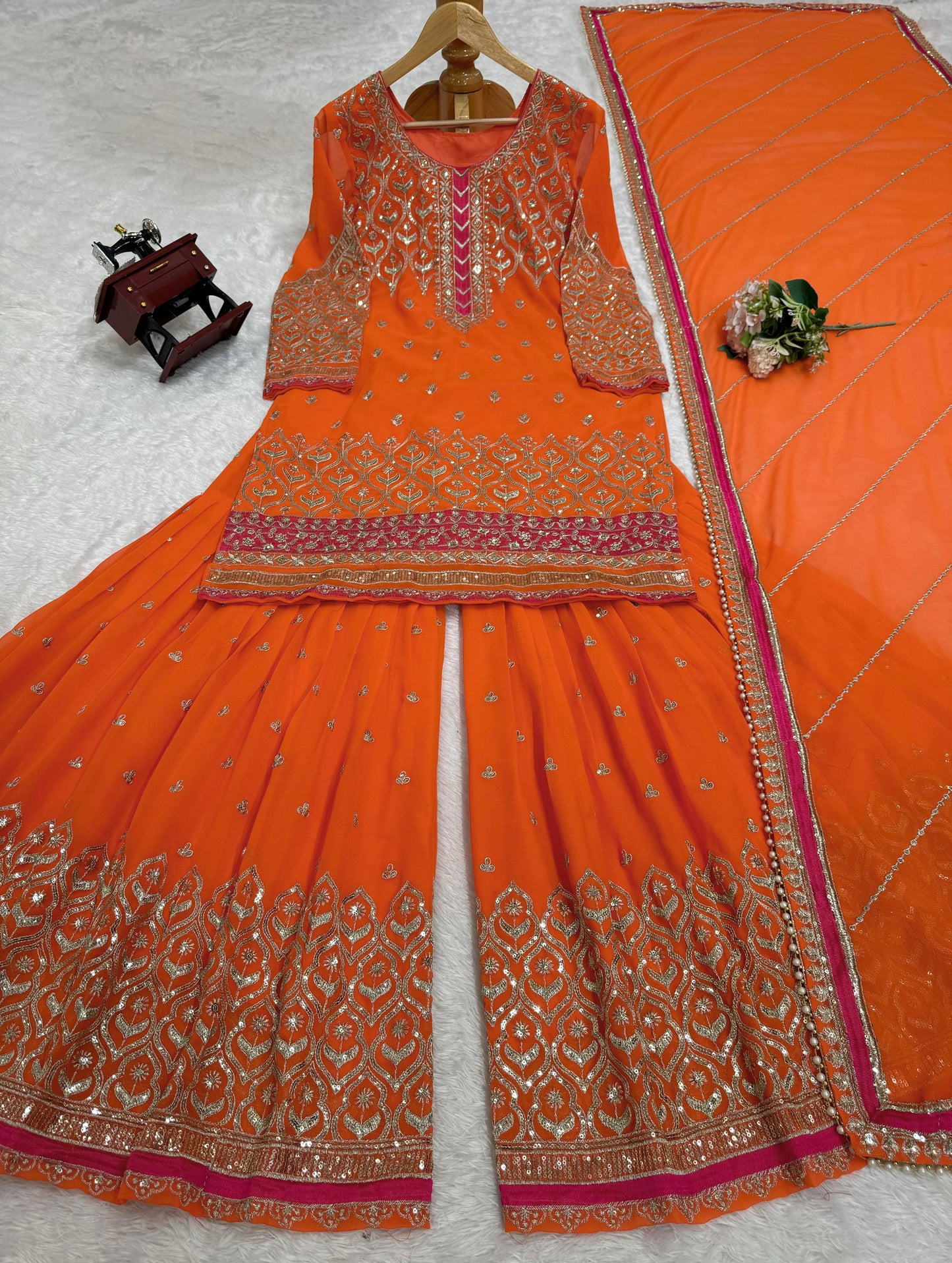Orange Faux Georgette Thread with Sequins Sharara Suit