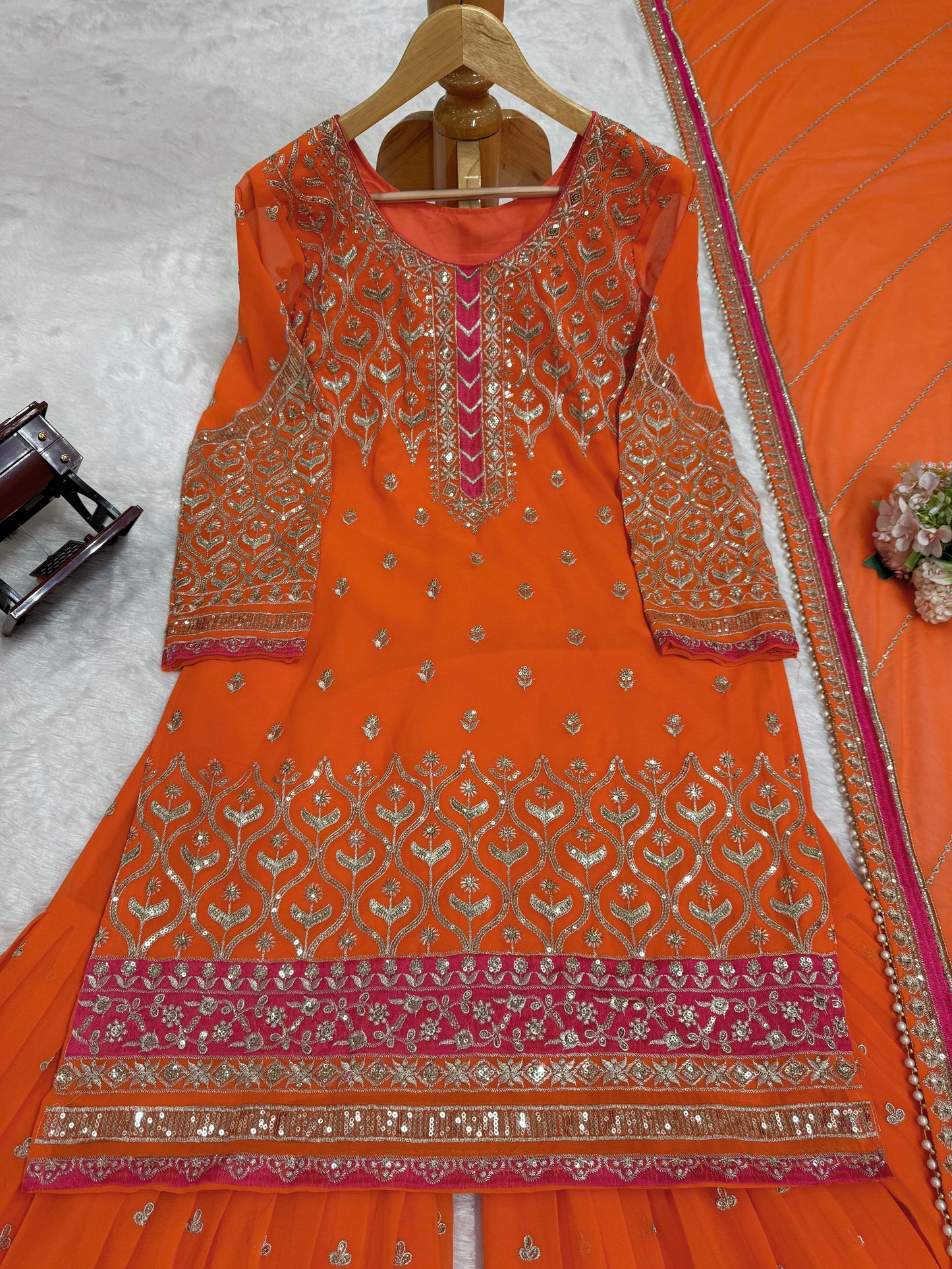 Orange Faux Georgette Thread with Sequins Sharara Suit
