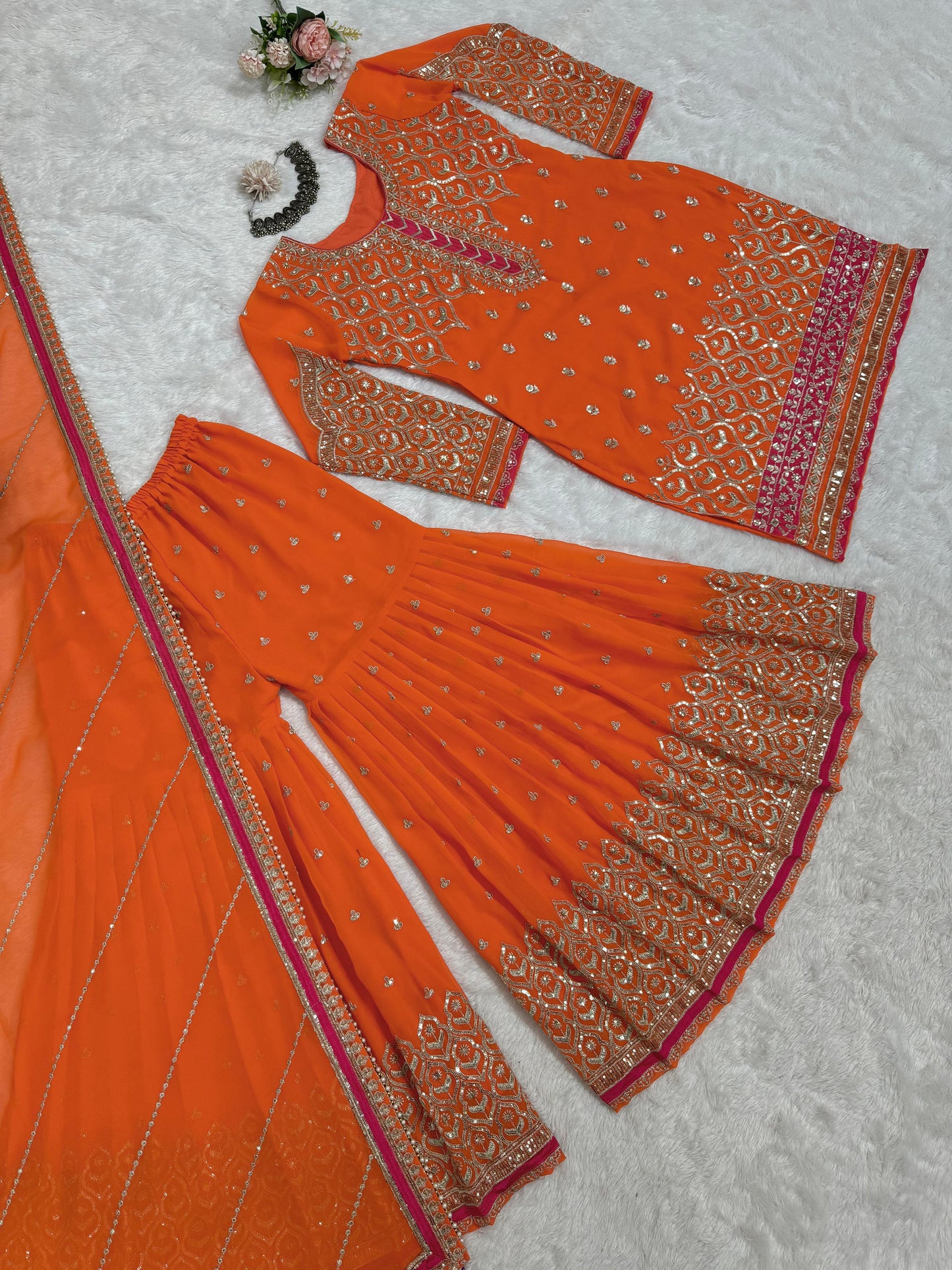 Orange Faux Georgette Thread with Sequins Sharara Suit
