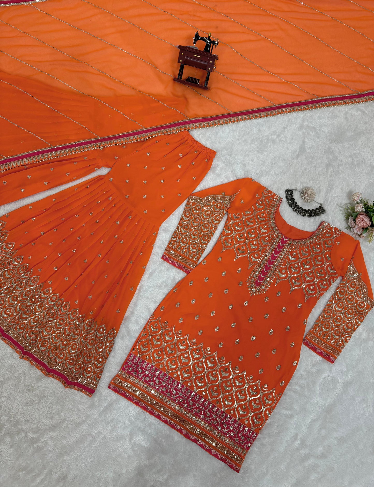 Orange Faux Georgette Thread with Sequins Sharara Suit