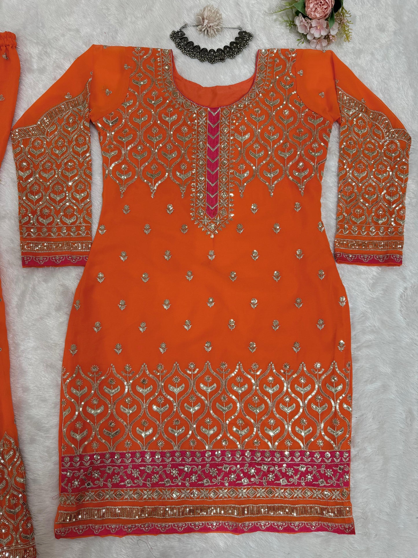 Orange Faux Georgette Thread with Sequins Sharara Suit