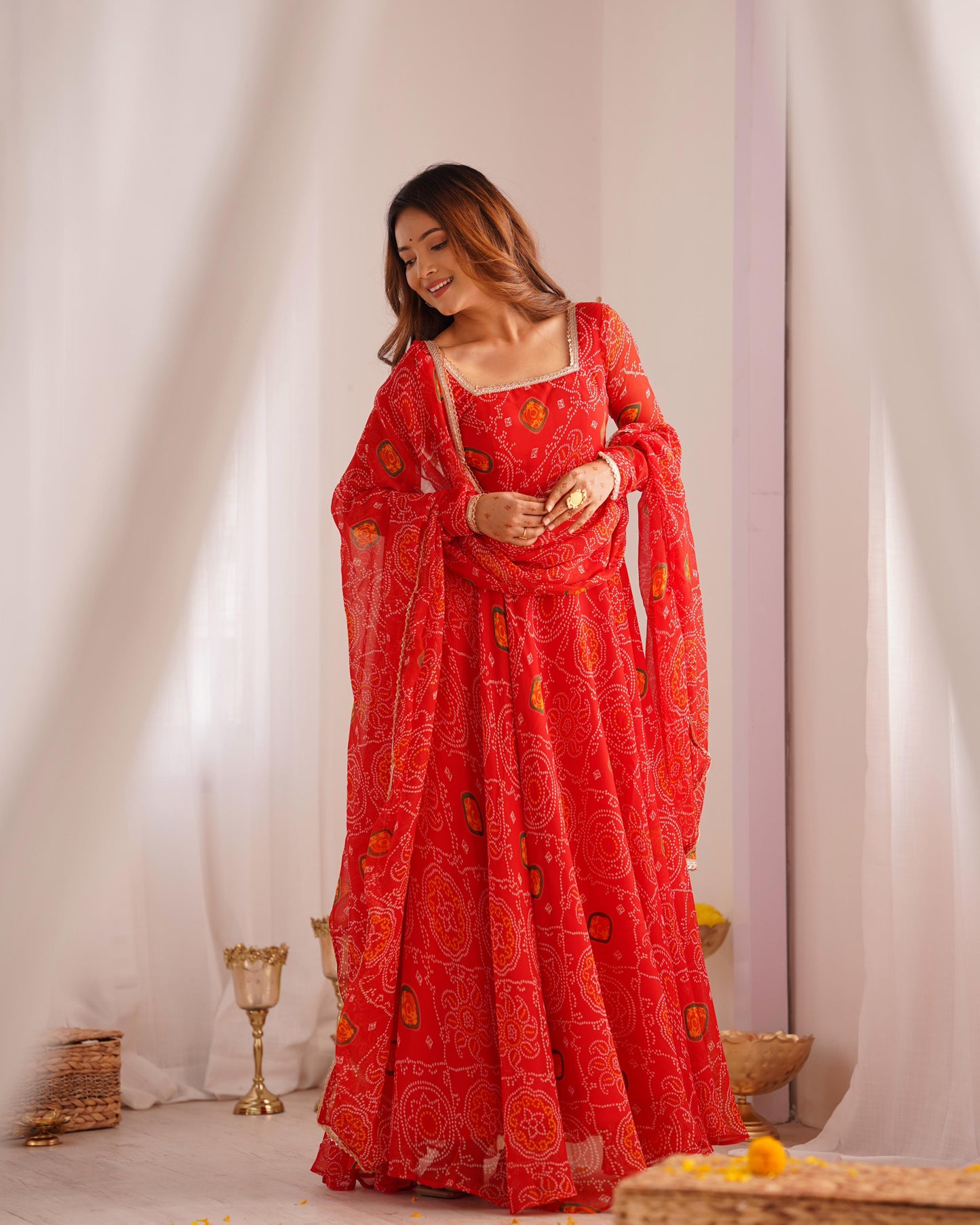 Red Lightweight Chiffon Bandhej 3pc Kurta Set