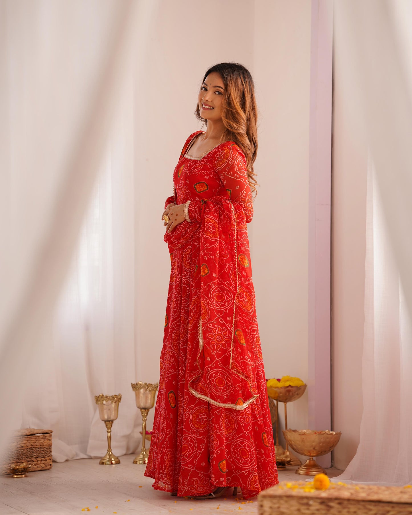 Red Lightweight Chiffon Bandhej 3pc Kurta Set