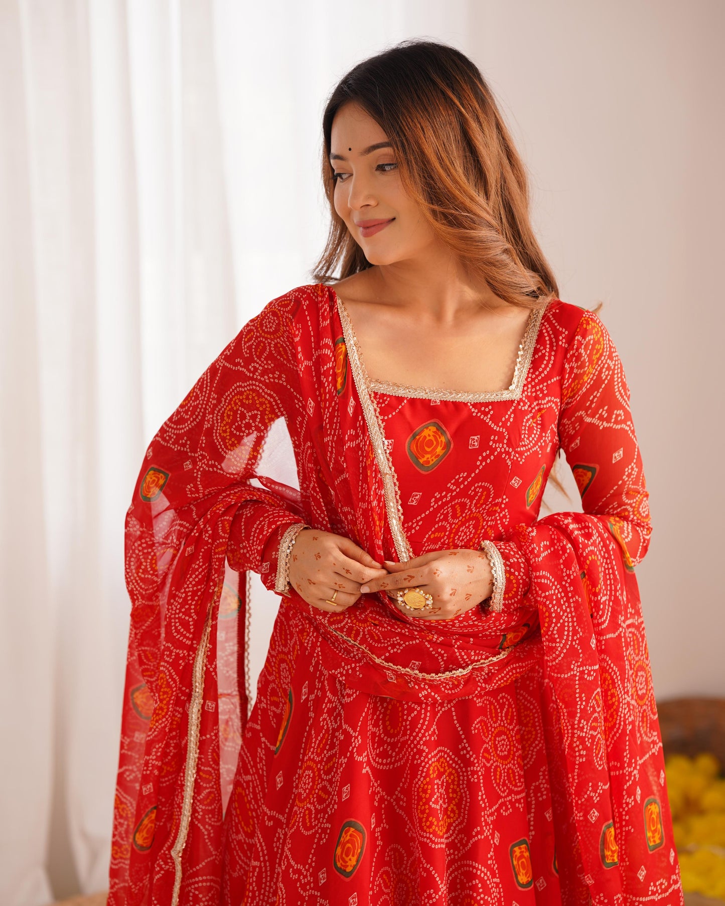 Red Lightweight Chiffon Bandhej 3pc Kurta Set