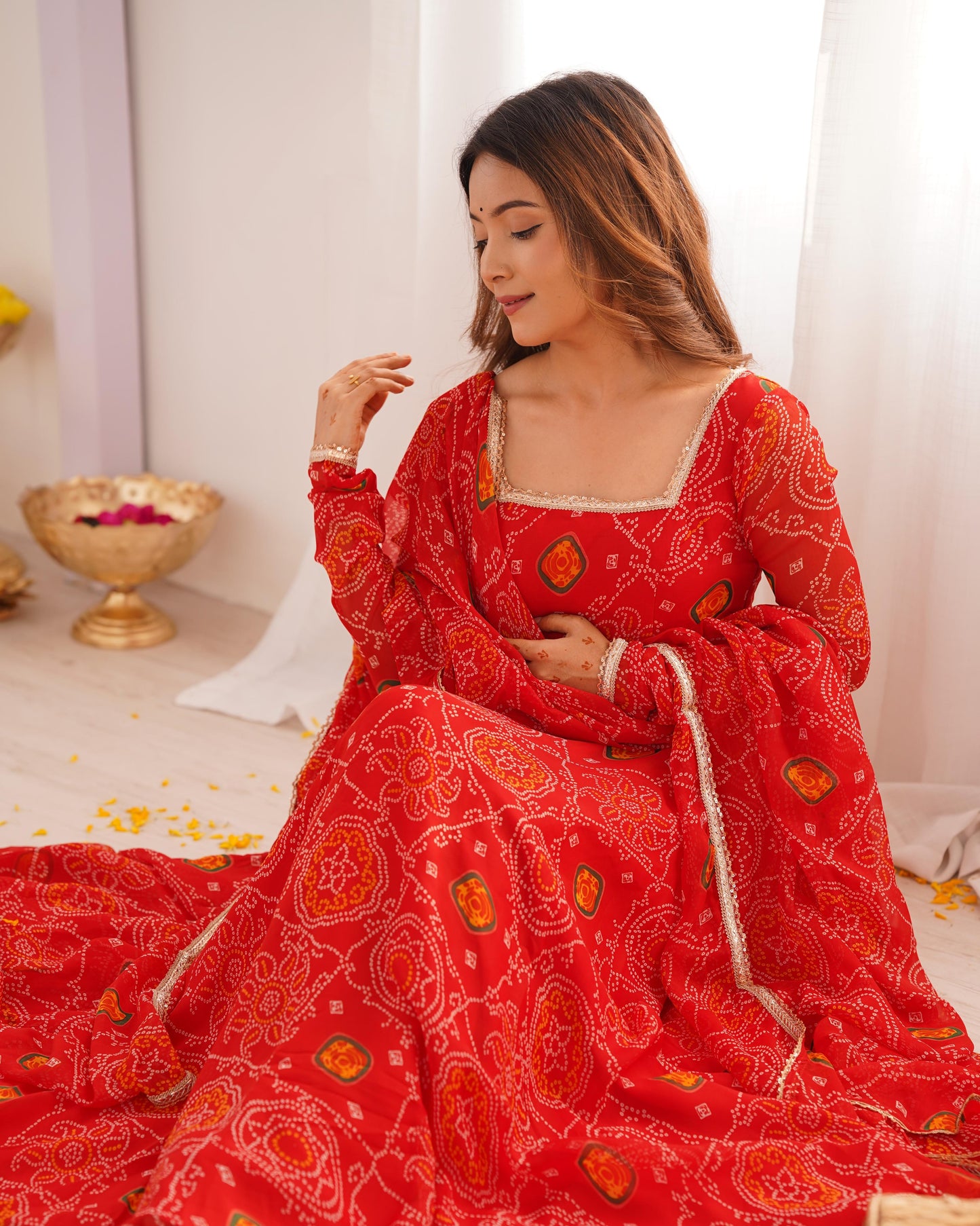 Red Lightweight Chiffon Bandhej 3pc Kurta Set