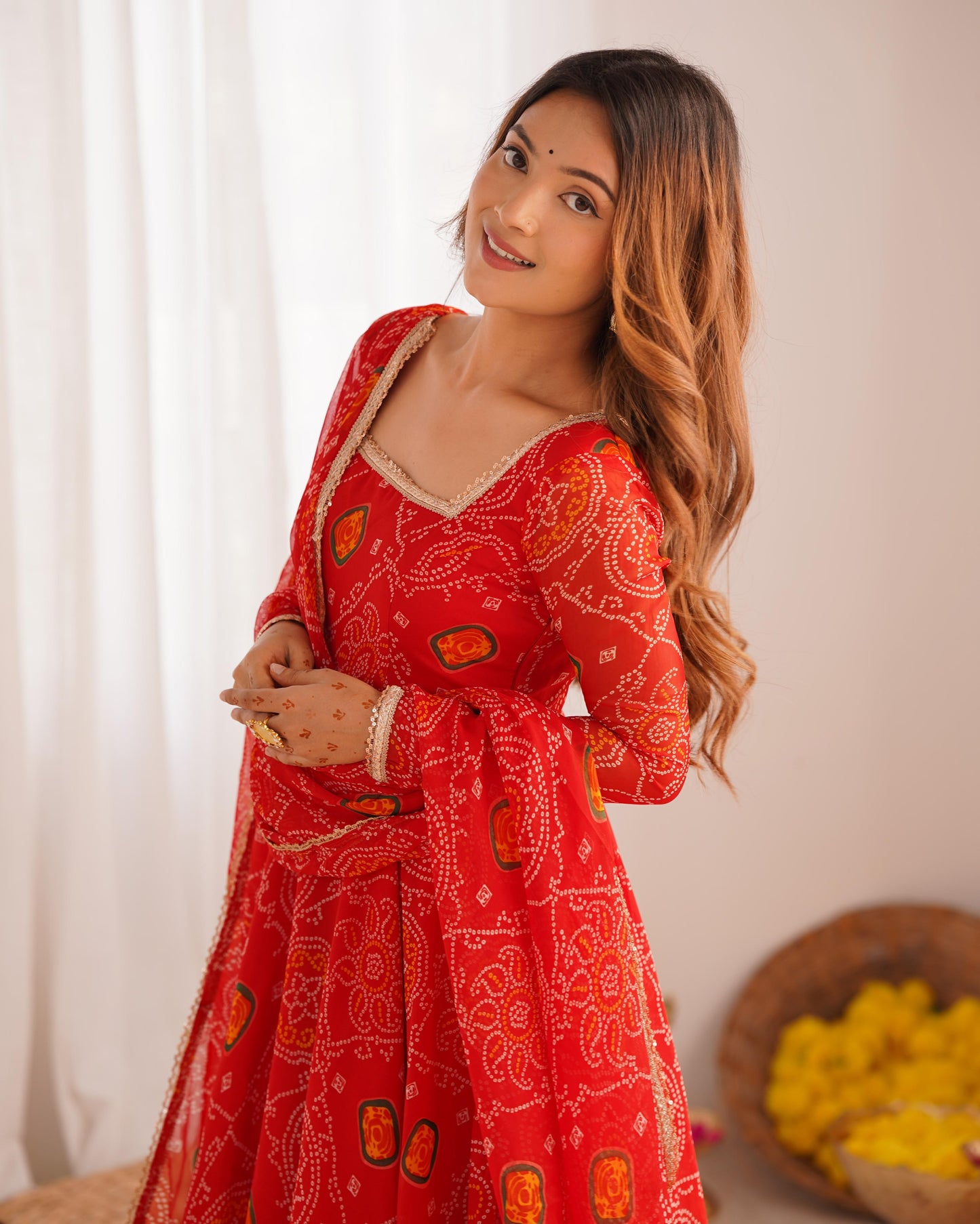 Red Lightweight Chiffon Bandhej 3pc Kurta Set