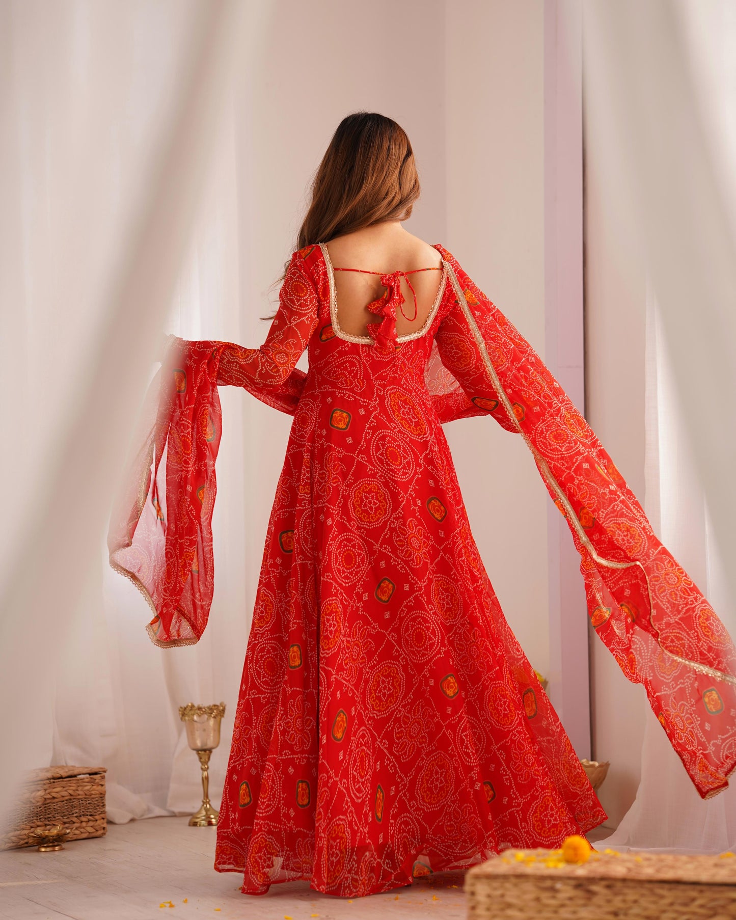 Red Lightweight Chiffon Bandhej 3pc Kurta Set