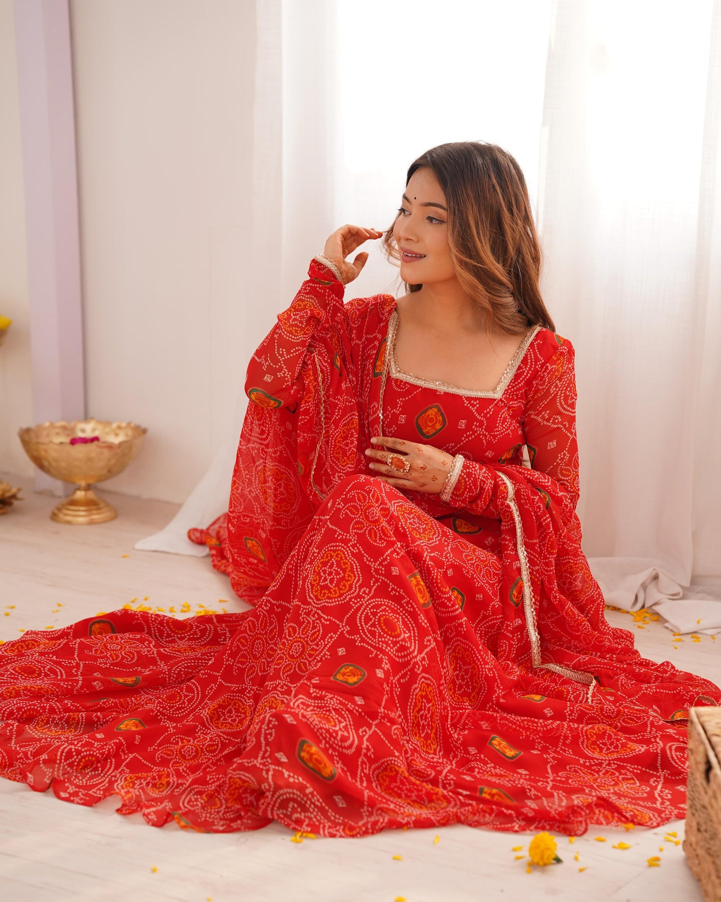 Red Lightweight Chiffon Bandhej 3pc Kurta Set
