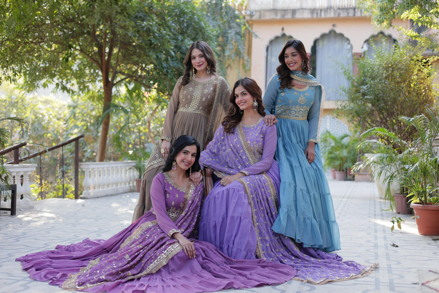 Bright Purple Star Georgette Gown With Dupatta