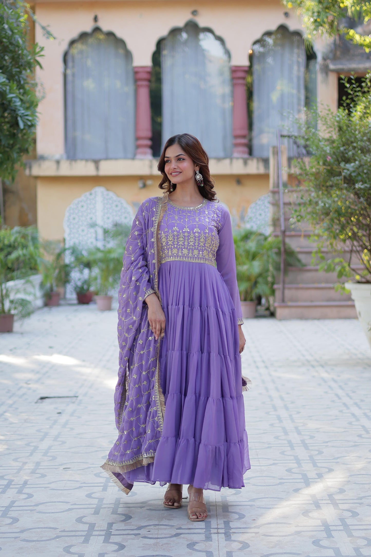 Bright Purple Star Georgette Gown With Dupatta