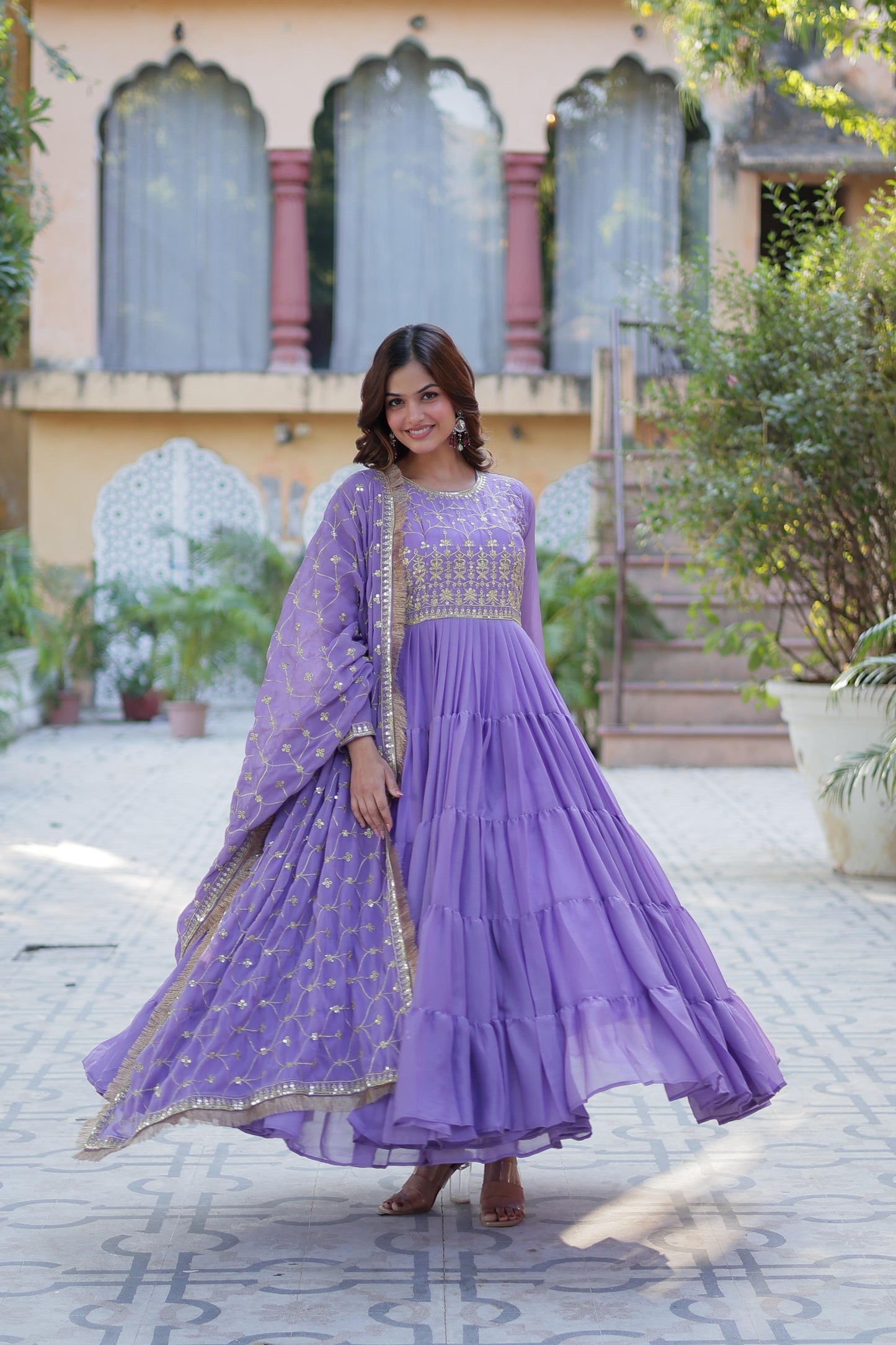 Bright Purple Star Georgette Gown With Dupatta