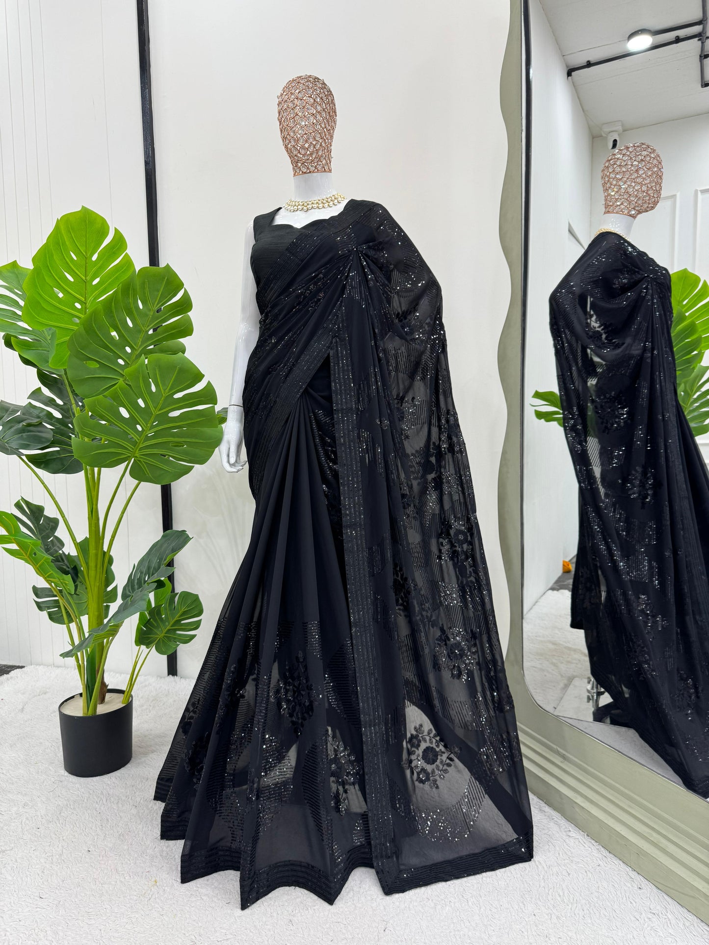 Designer Black Faux Georgette Sequins Work Saree