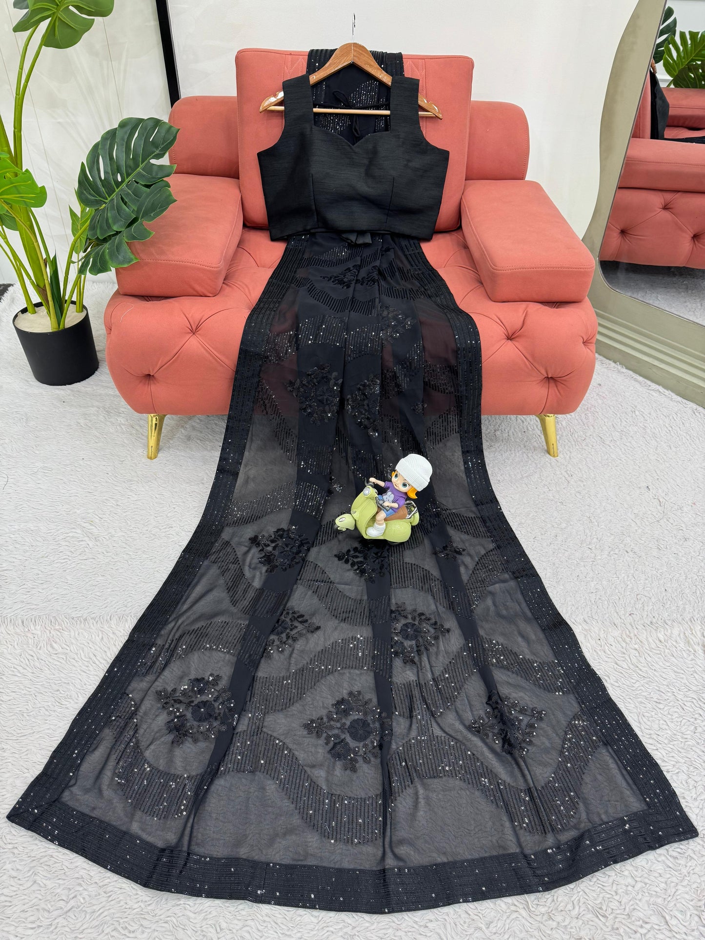 Designer Black Faux Georgette Sequins Work Saree