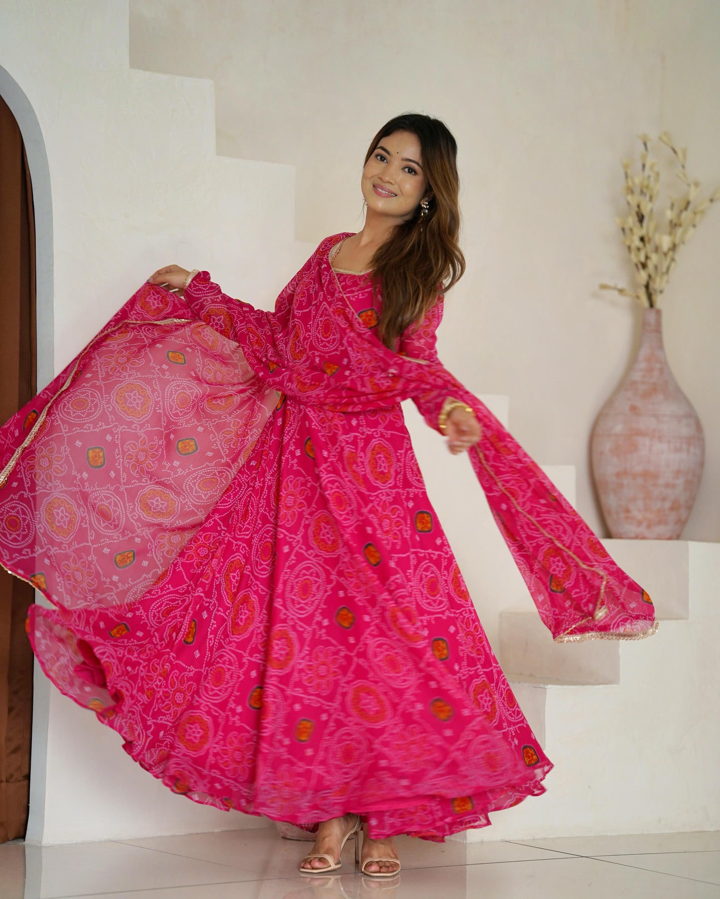 Rani Lightweight Chiffon Bandhej 3pc Kurta Set