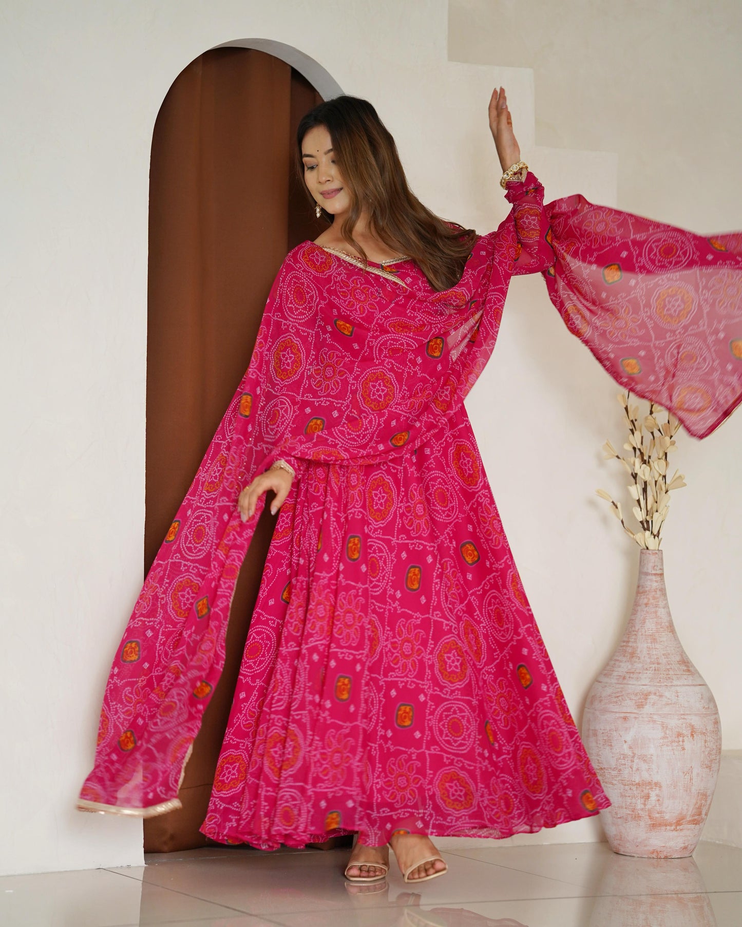 Rani Lightweight Chiffon Bandhej 3pc Kurta Set
