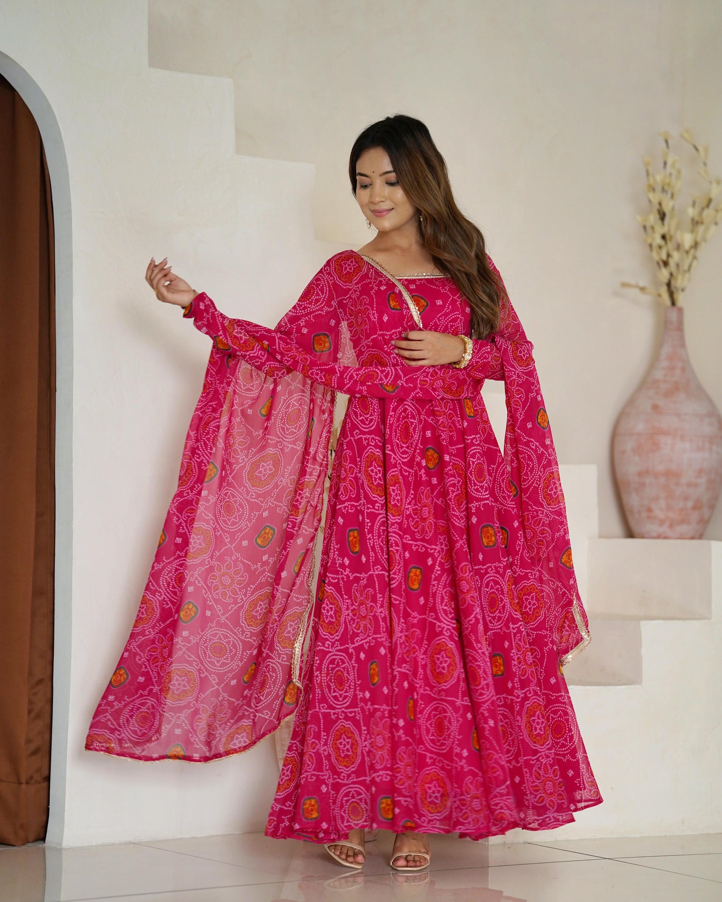 Rani Lightweight Chiffon Bandhej 3pc Kurta Set