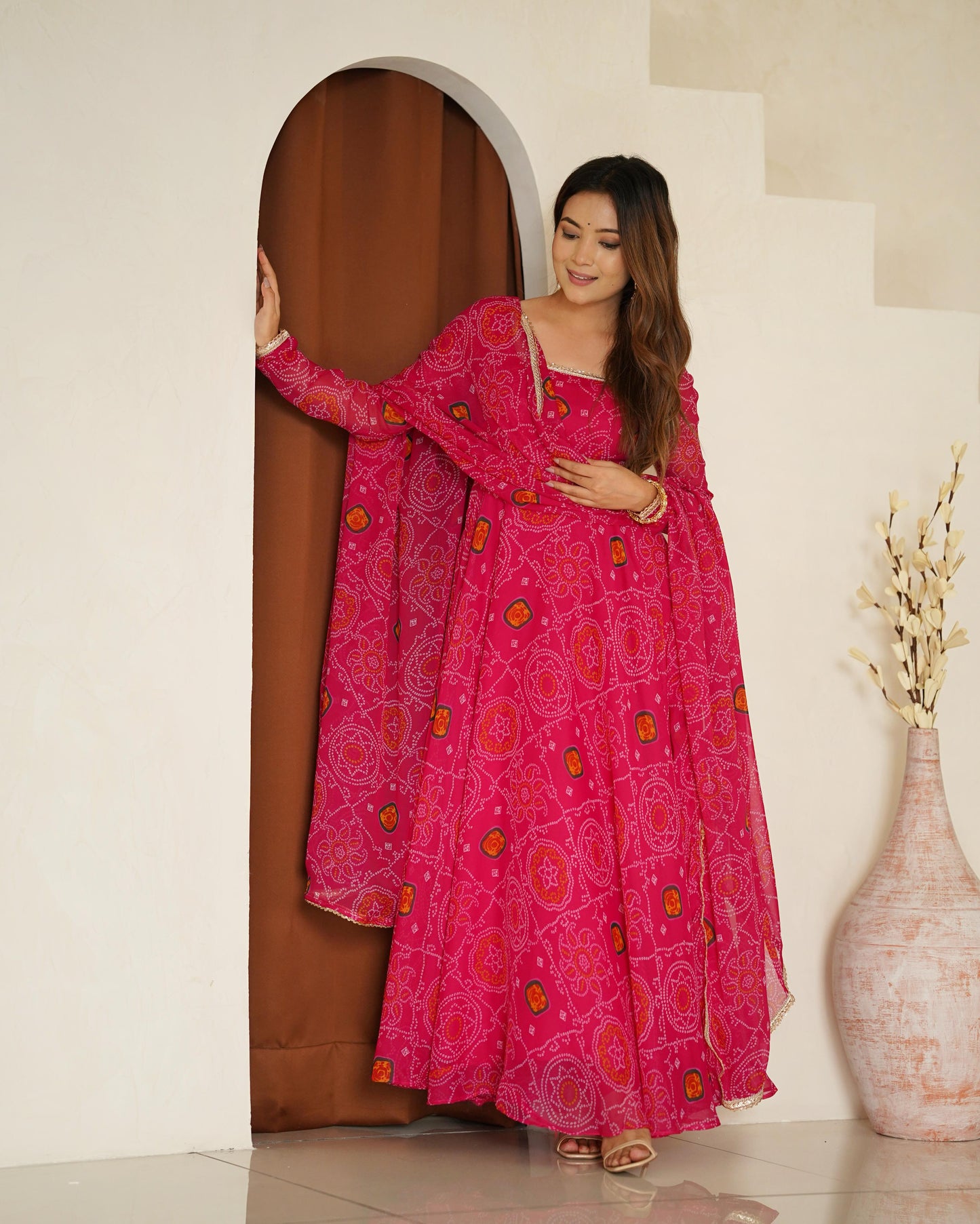 Rani Lightweight Chiffon Bandhej 3pc Kurta Set