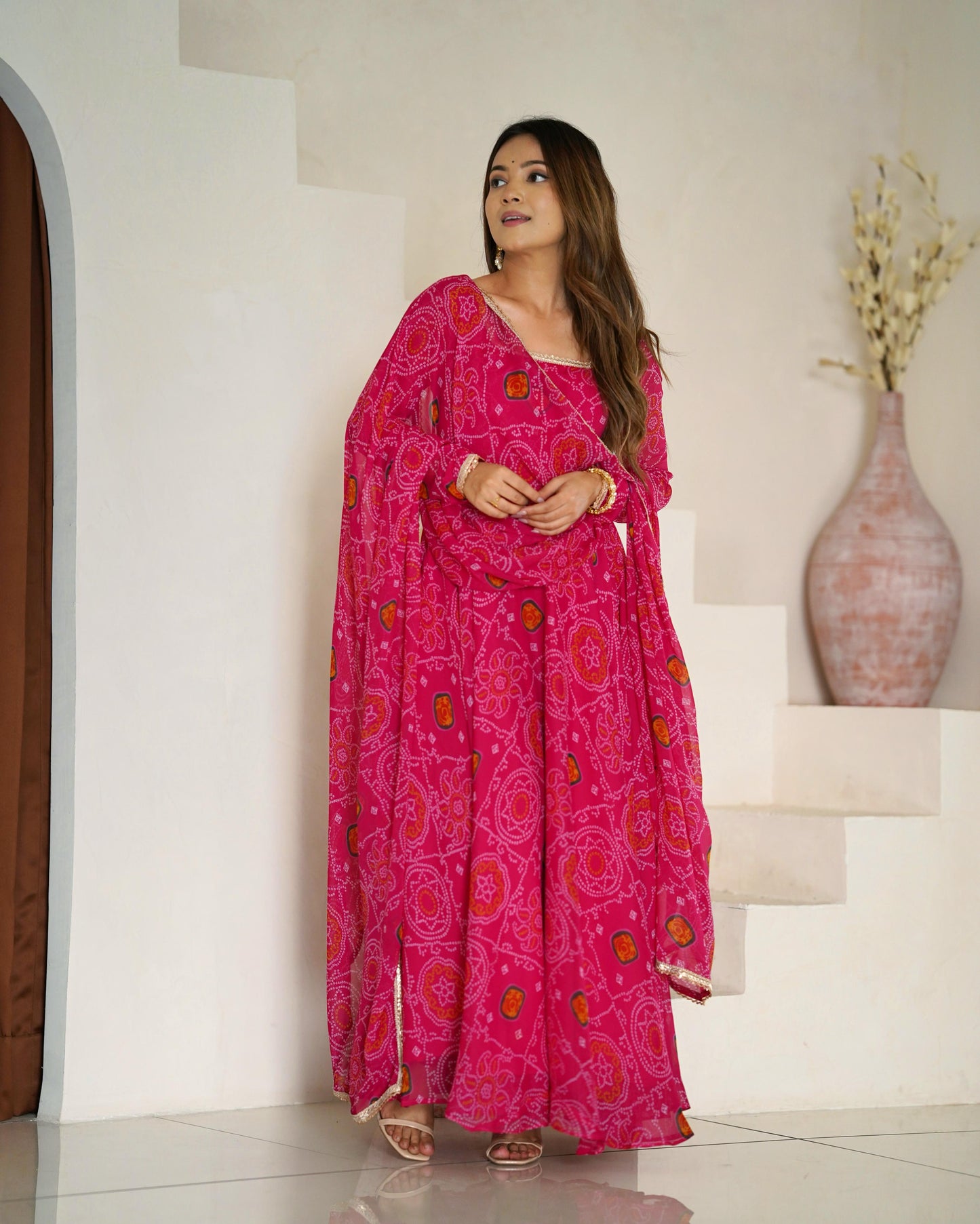 Rani Lightweight Chiffon Bandhej 3pc Kurta Set