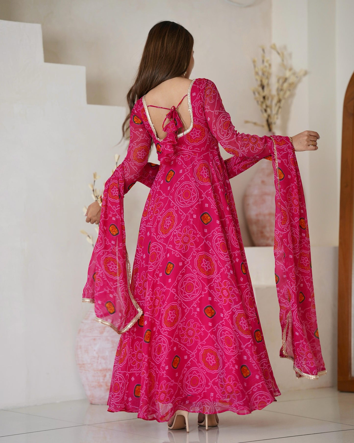 Rani Lightweight Chiffon Bandhej 3pc Kurta Set