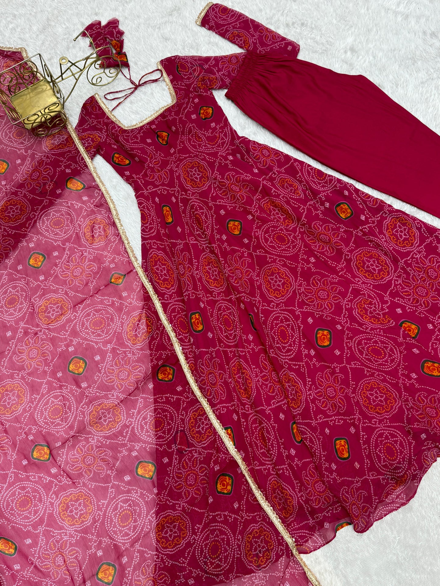 Rani Lightweight Chiffon Bandhej 3pc Kurta Set