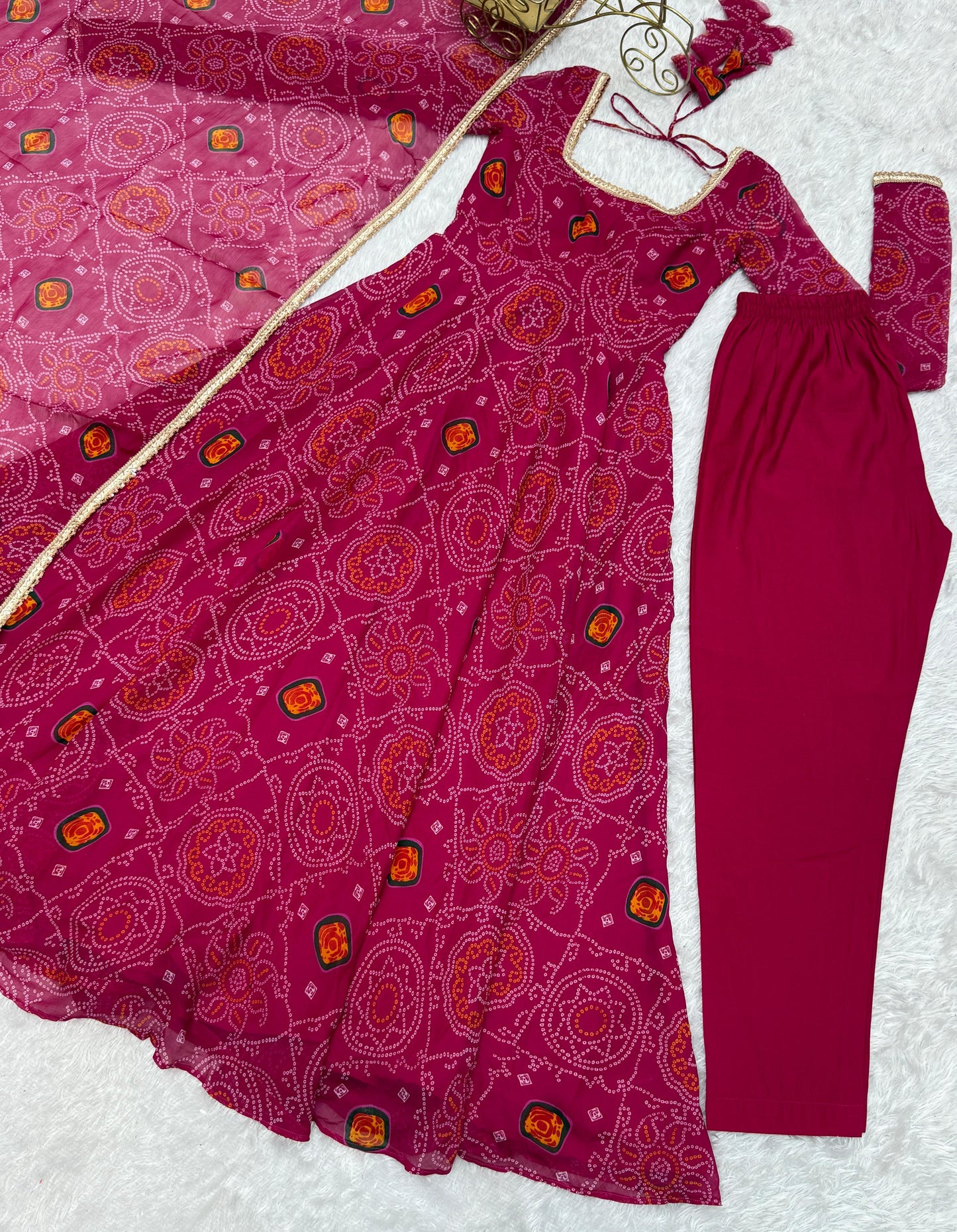 Rani Lightweight Chiffon Bandhej 3pc Kurta Set