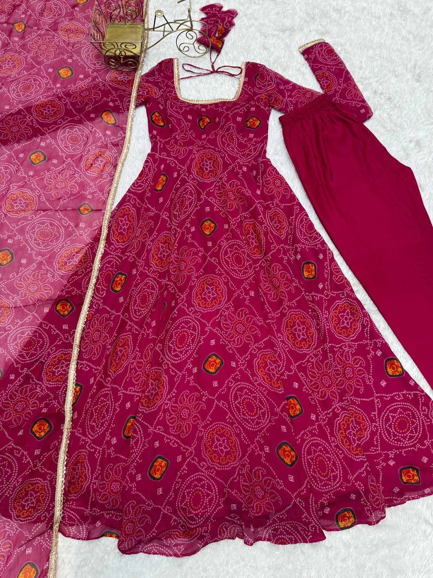 Rani Lightweight Chiffon Bandhej 3pc Kurta Set