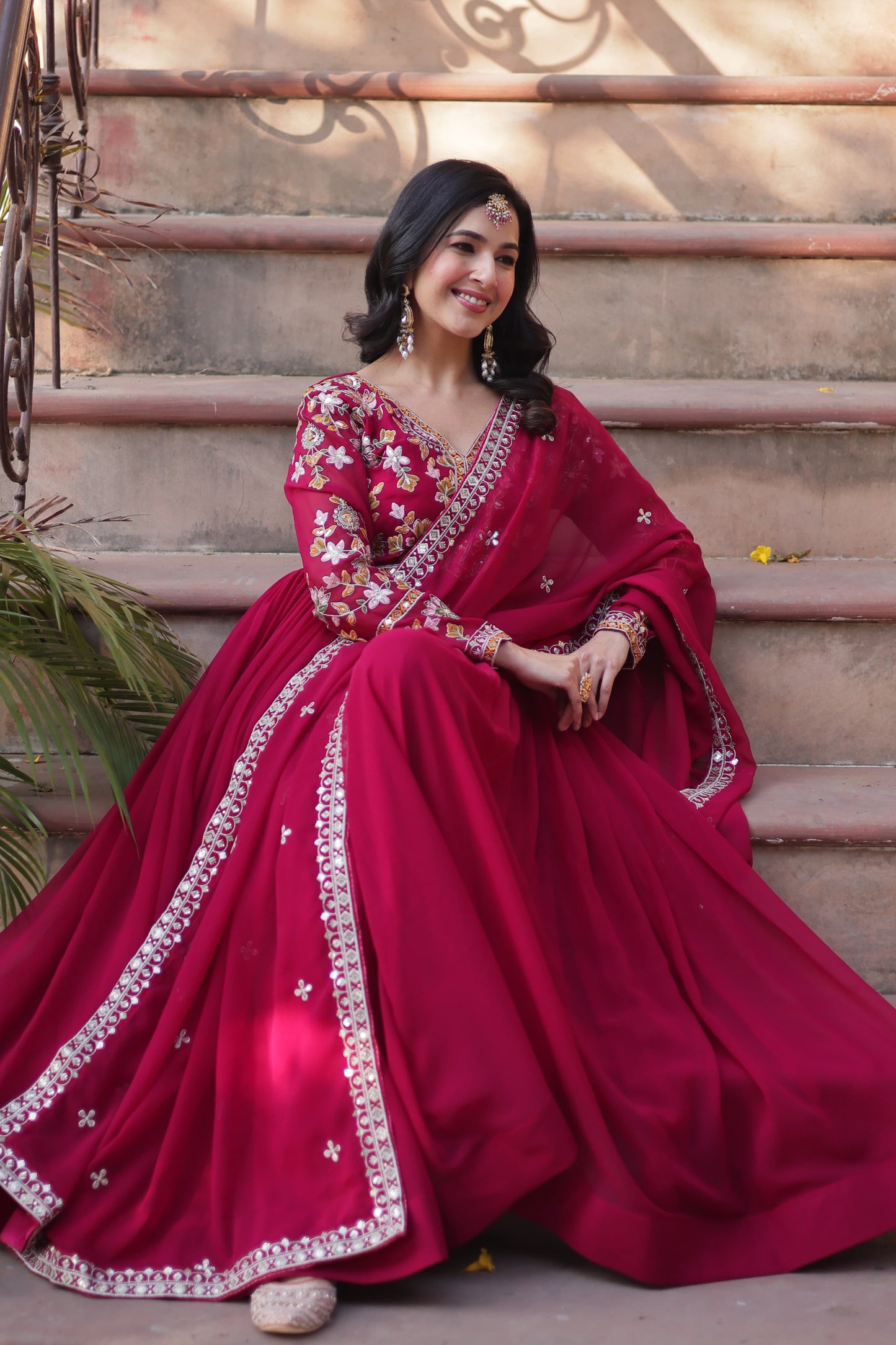 Rani Faux Blooming with Embroidery Zari Sequins Work Gown With Dupatta