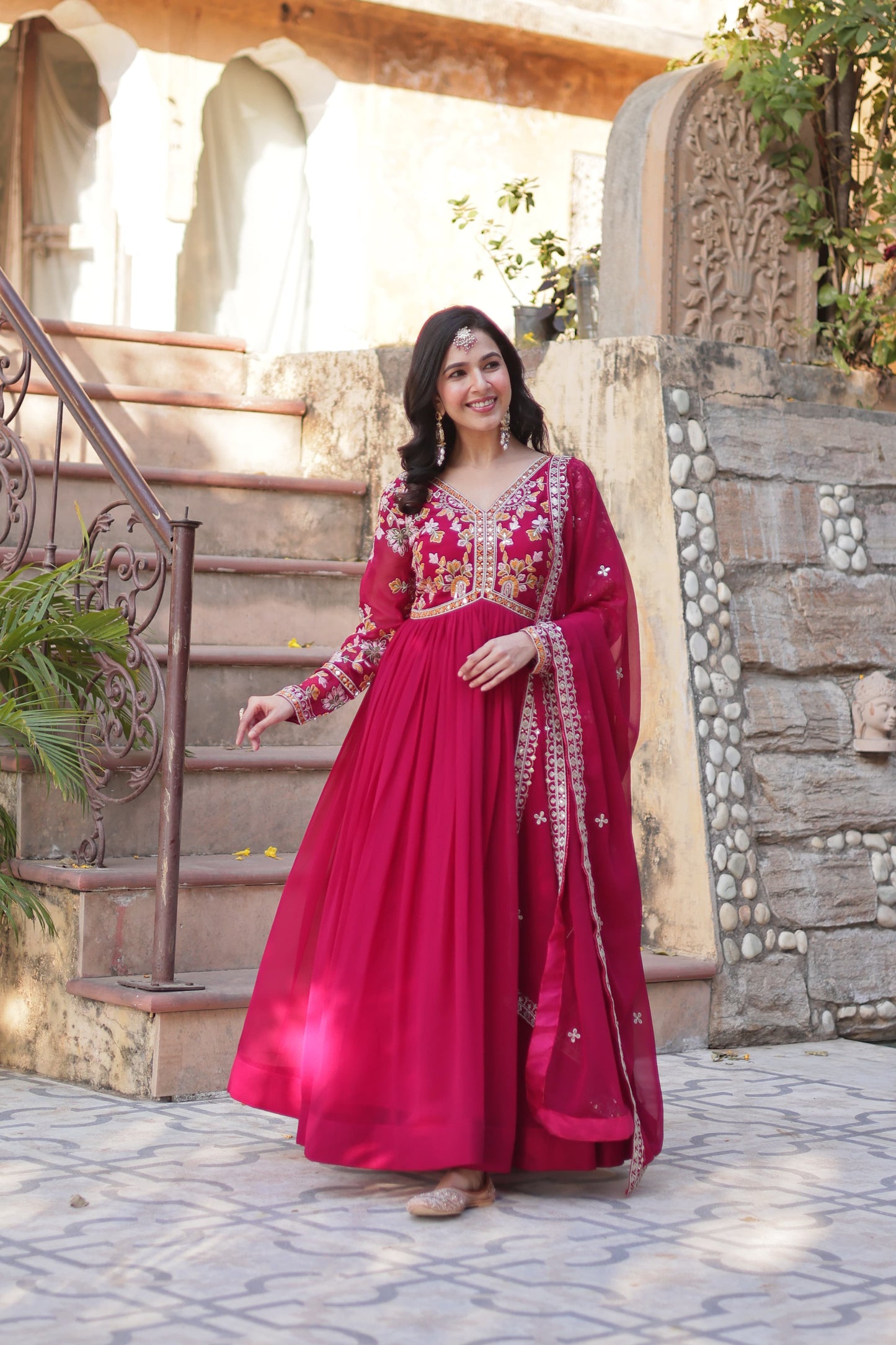 Rani Faux Blooming with Embroidery Zari Sequins Work Gown With Dupatta