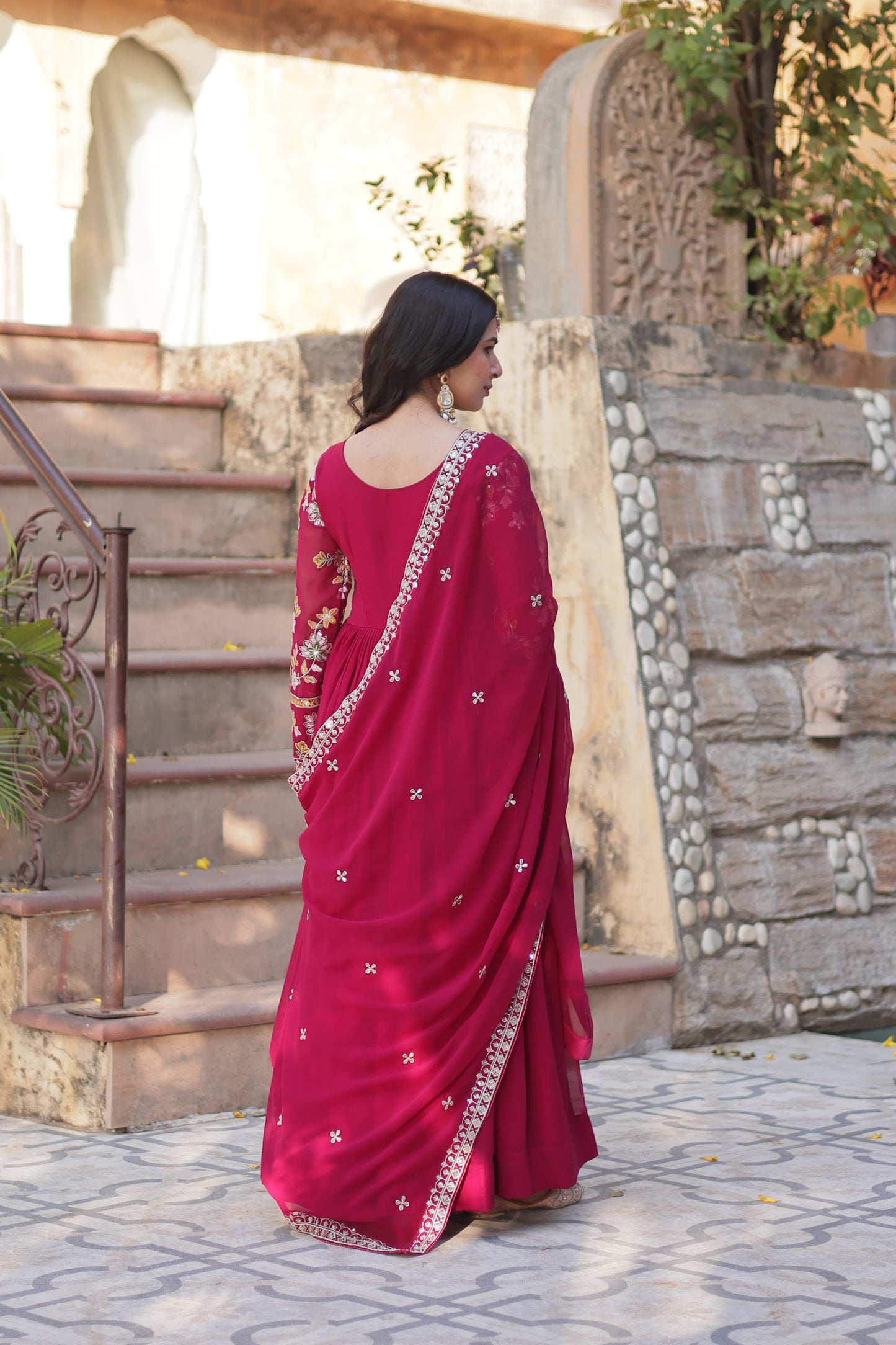 Rani Faux Blooming with Embroidery Zari Sequins Work Gown With Dupatta