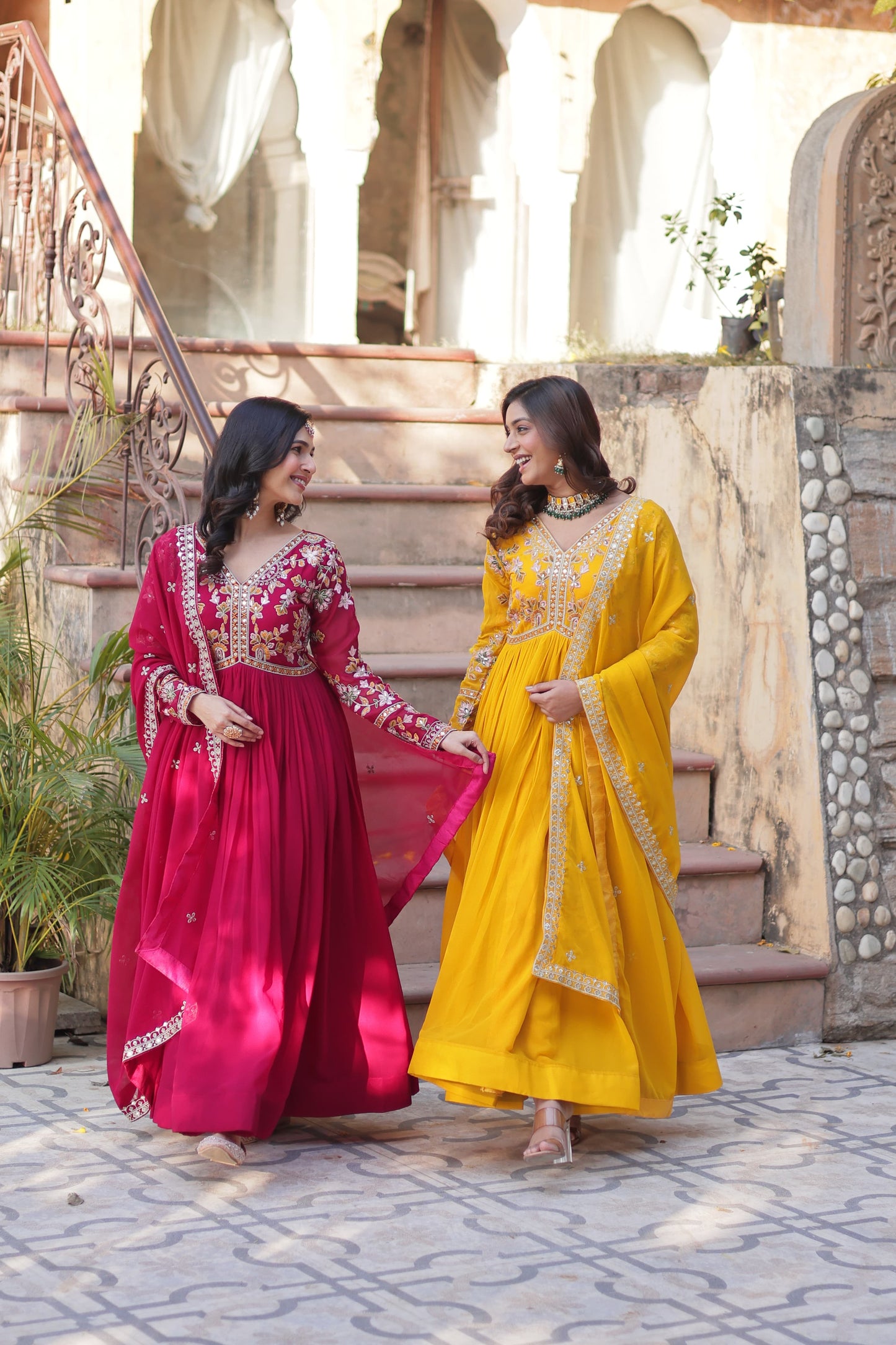 Rani Faux Blooming with Embroidery Zari Sequins Work Gown With Dupatta