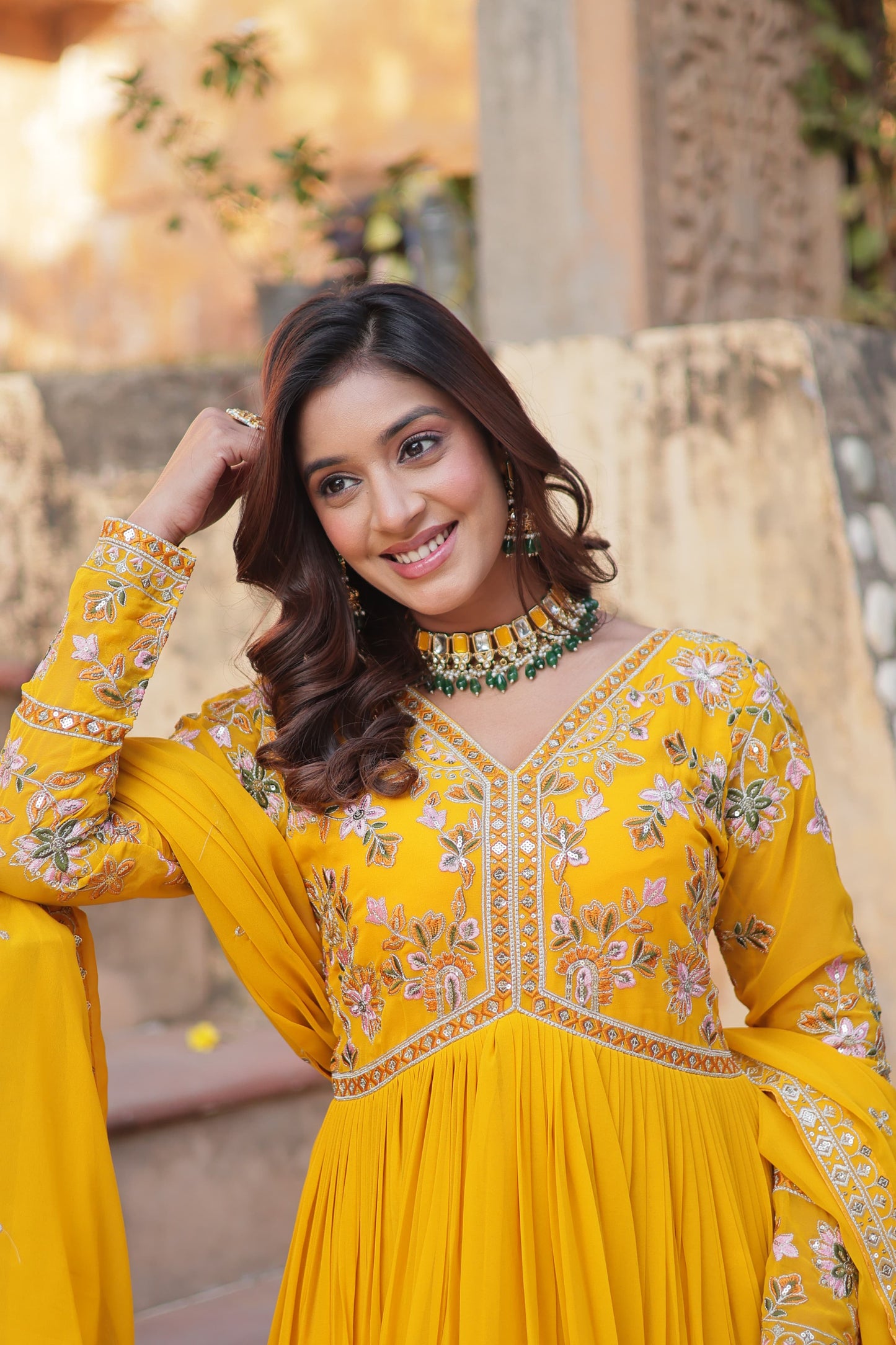 Rani Faux Blooming with Embroidery Zari Sequins Work Gown With Dupatta