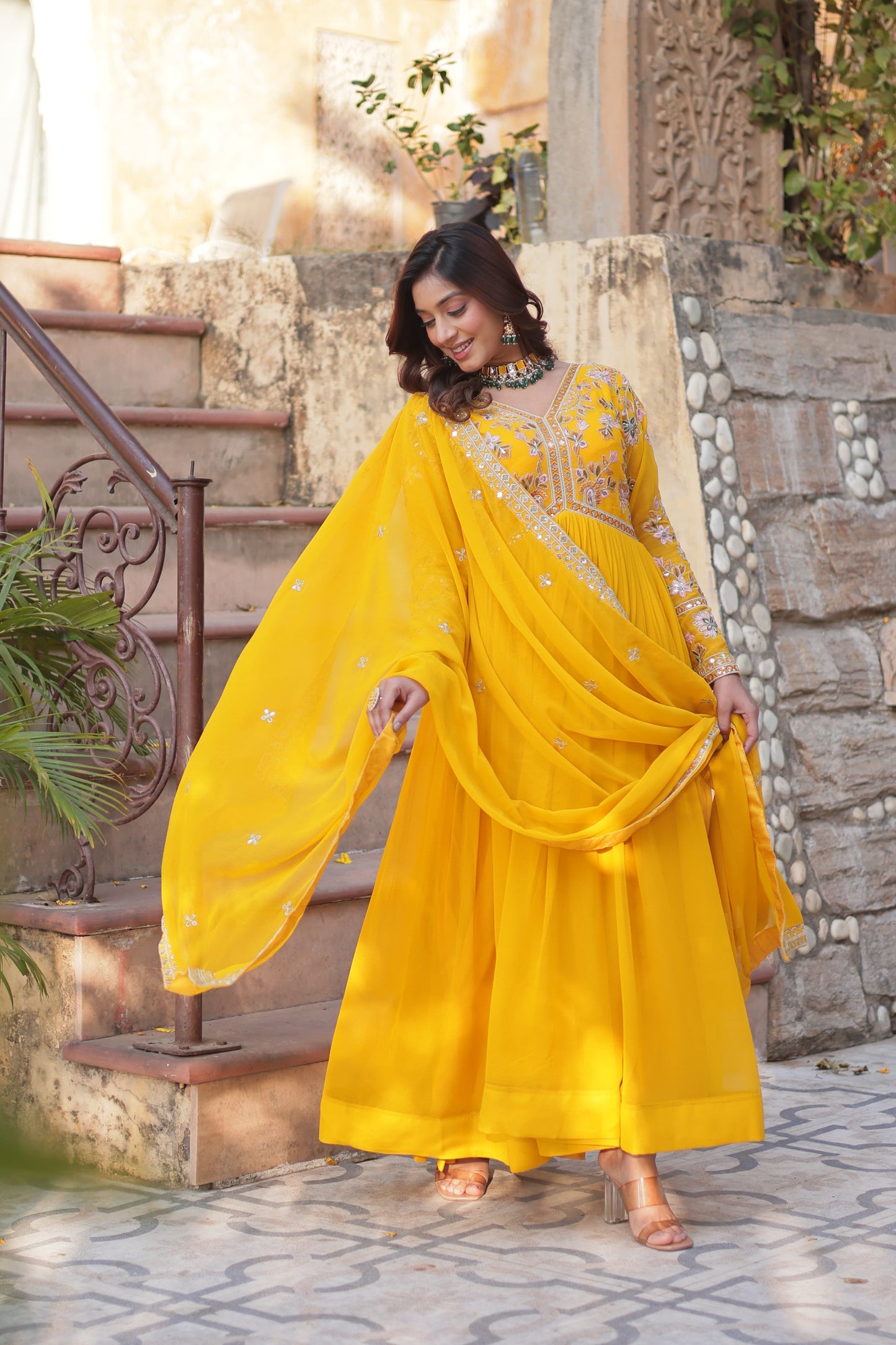 Rani Faux Blooming with Embroidery Zari Sequins Work Gown With Dupatta