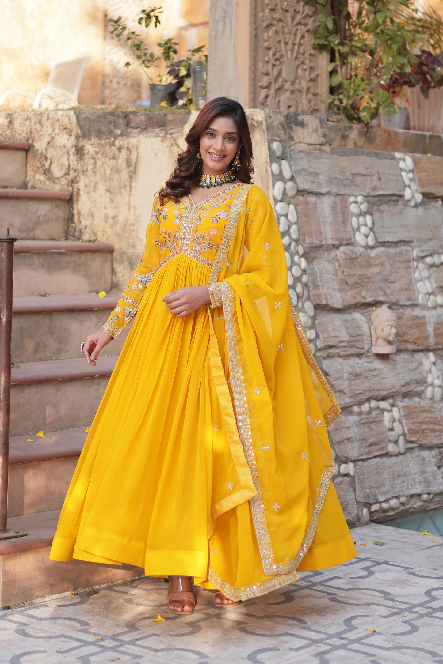 Rani Faux Blooming with Embroidery Zari Sequins Work Gown With Dupatta