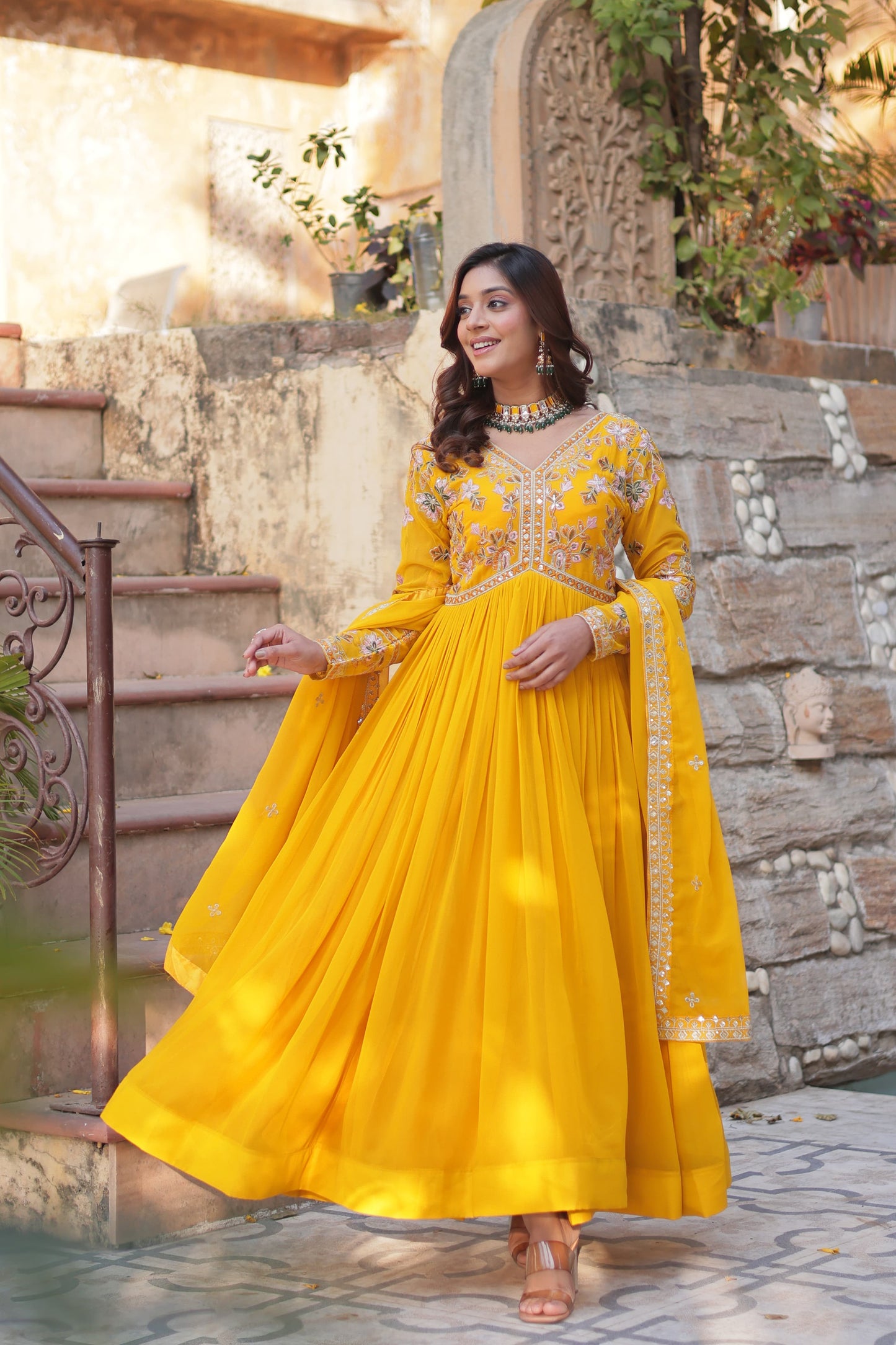 Rani Faux Blooming with Embroidery Zari Sequins Work Gown With Dupatta