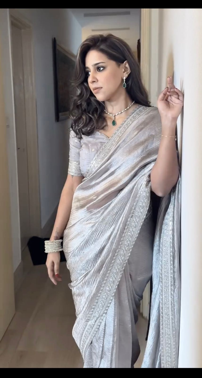Silver Color Zari Silk Banarasi Crush Saree