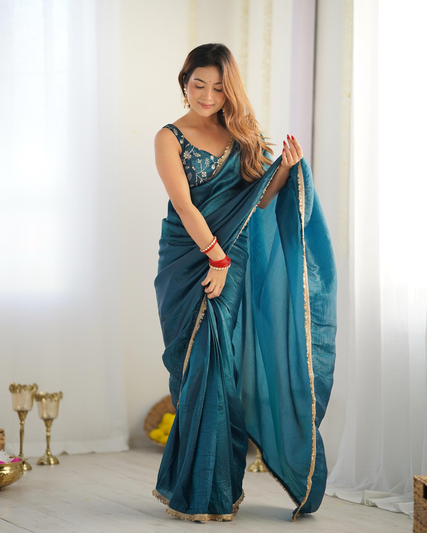Tealblue Gold Crush Tissu With Zari Work Ready To Wear Saree