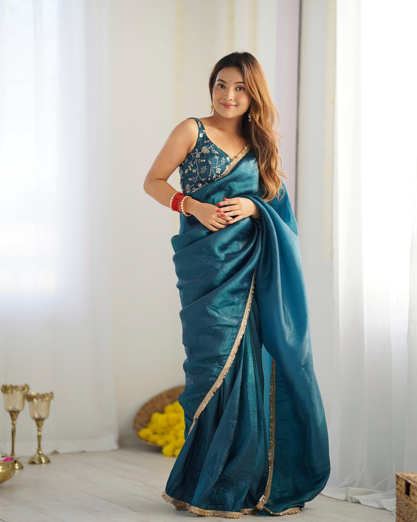 Tealblue Gold Crush Tissu With Zari Work Ready To Wear Saree